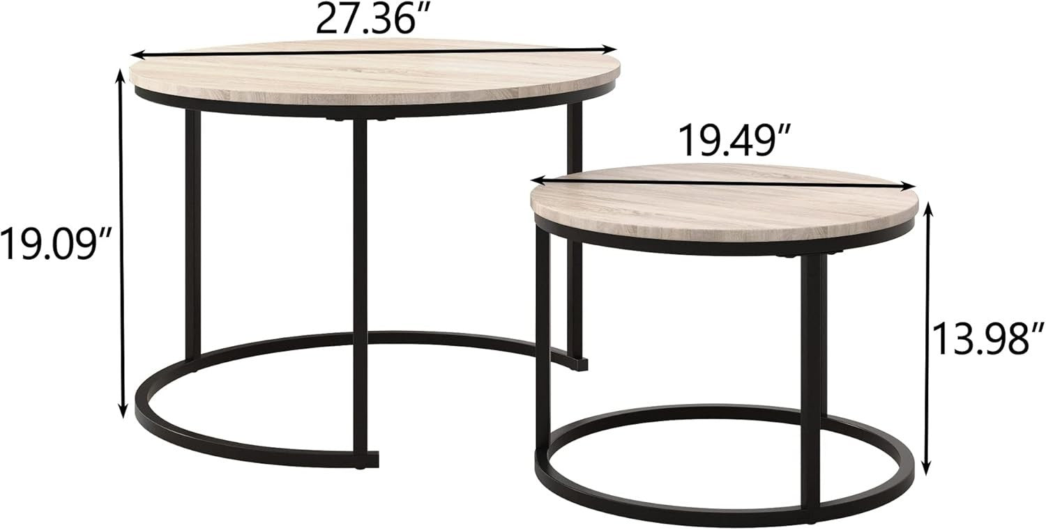 Round Nesting Coffee Tables Set for Living Room Modern Black/Oak Wood End Side T