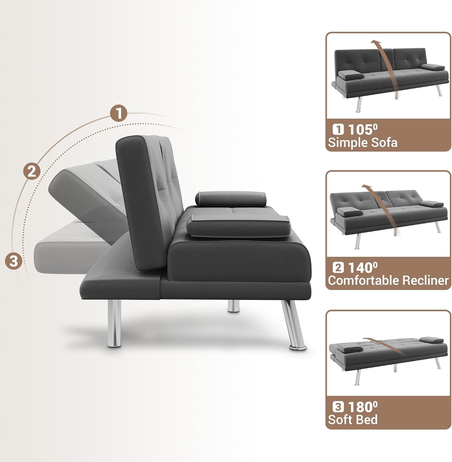 Modern Grey Fabric Recliner Sofa Bed 2-Seater Cup Holder Sleeper Couch