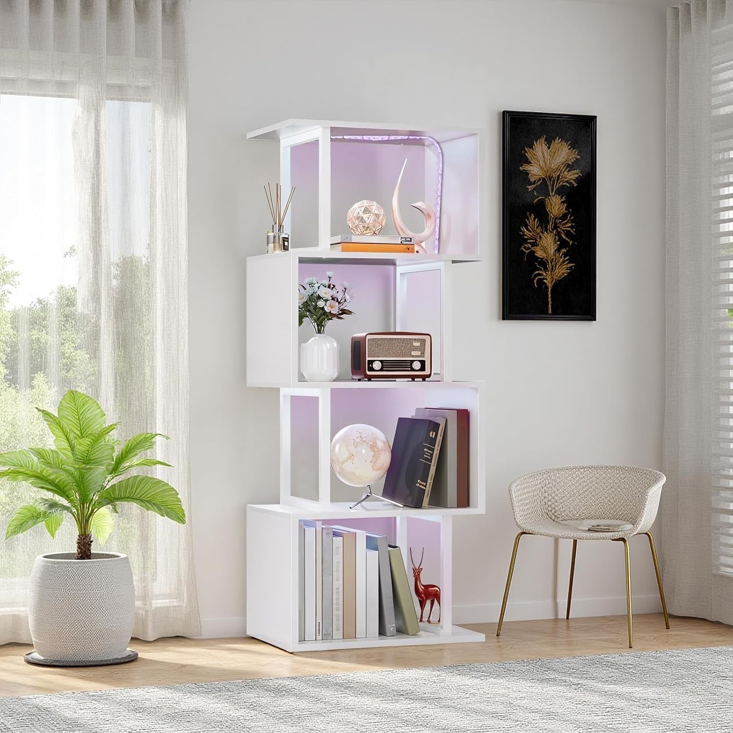 5-Tier S-Shaped Bookcase White Display Shelf with LED Lights Modern Storage Unit