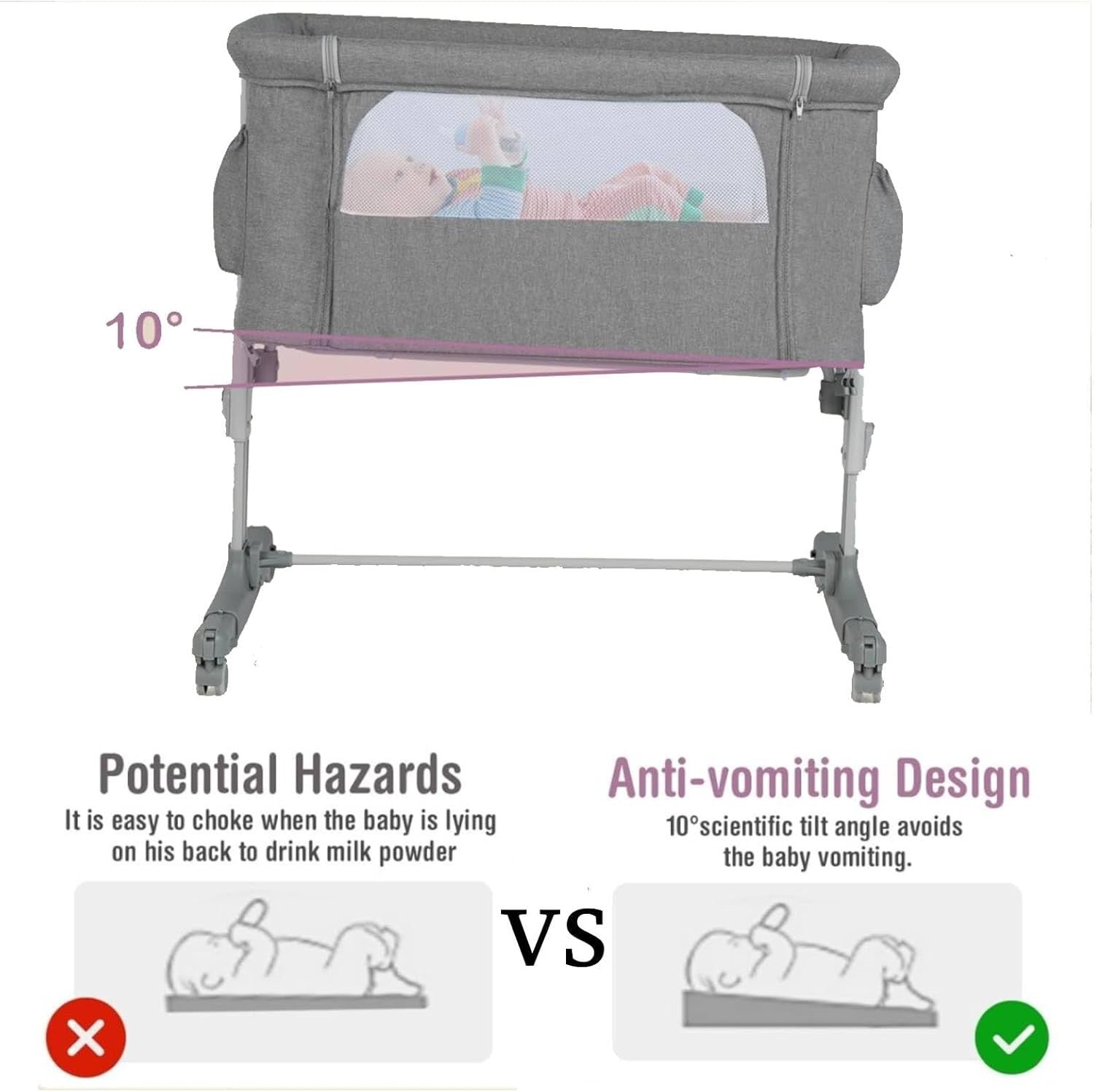 3-in-1 Baby Bedside Crib with Adjustable Heights, Mattress & Carry Grey