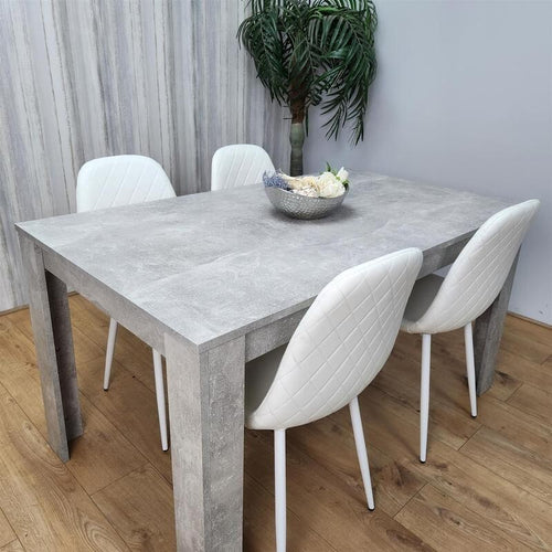 Modern Grey Dining Table Set 4 White Faux Leather Chairs for Kitchen Room