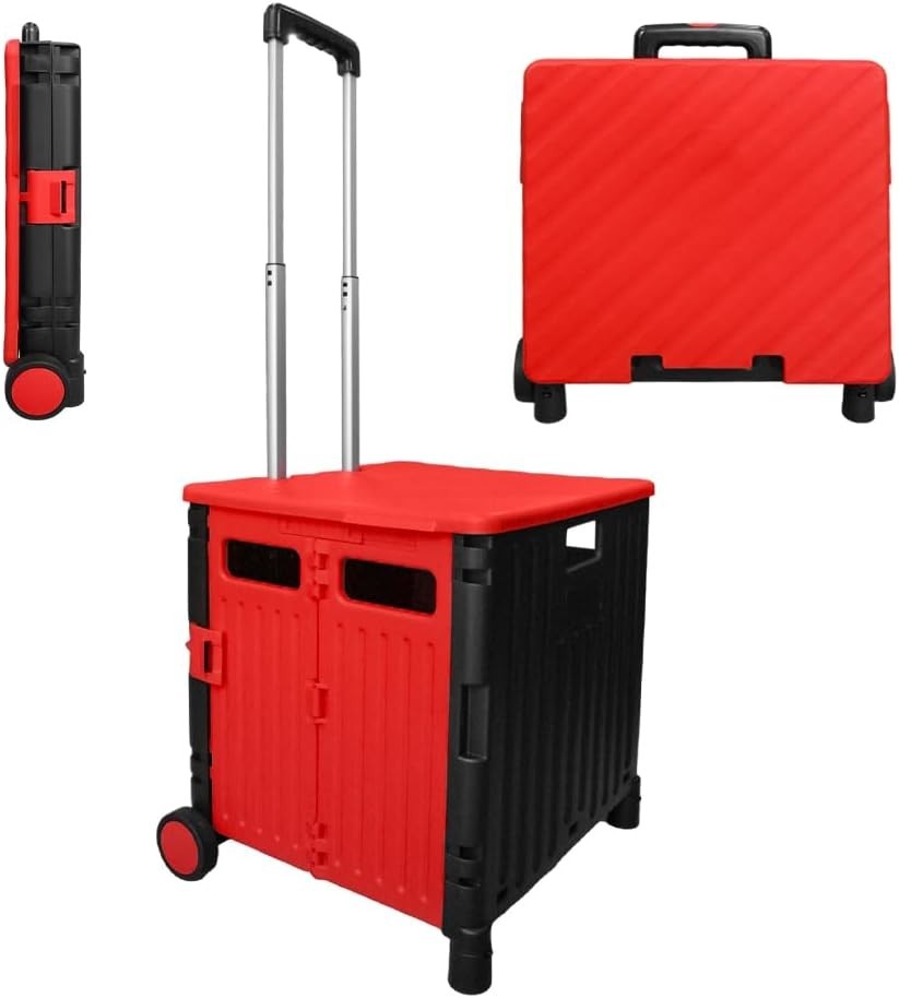 50L Foldable Shopping Trolley Cart with 2 Wheels & Telescopic Handle Red