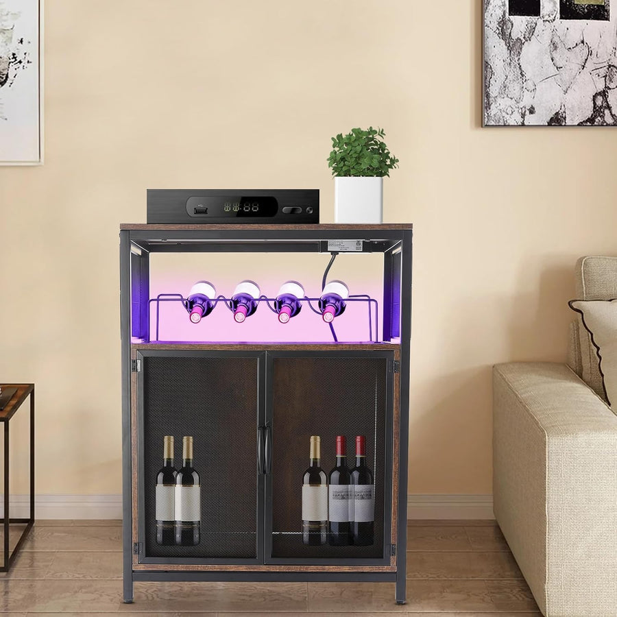 Wine Bar Cabinet with RGB LED Light & Outlet, Industrial Liquor Storage