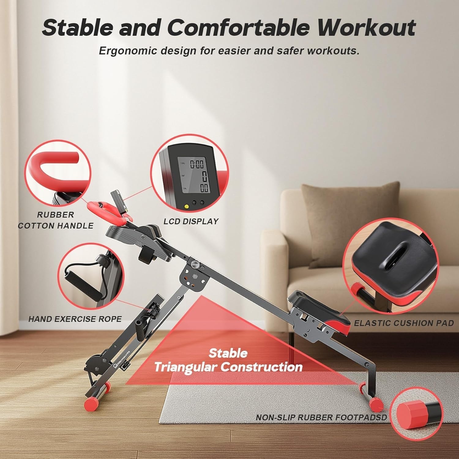 4 in 1 Foldable Rowing Machine Ab Trainer w LCD Adjustable Home Gym