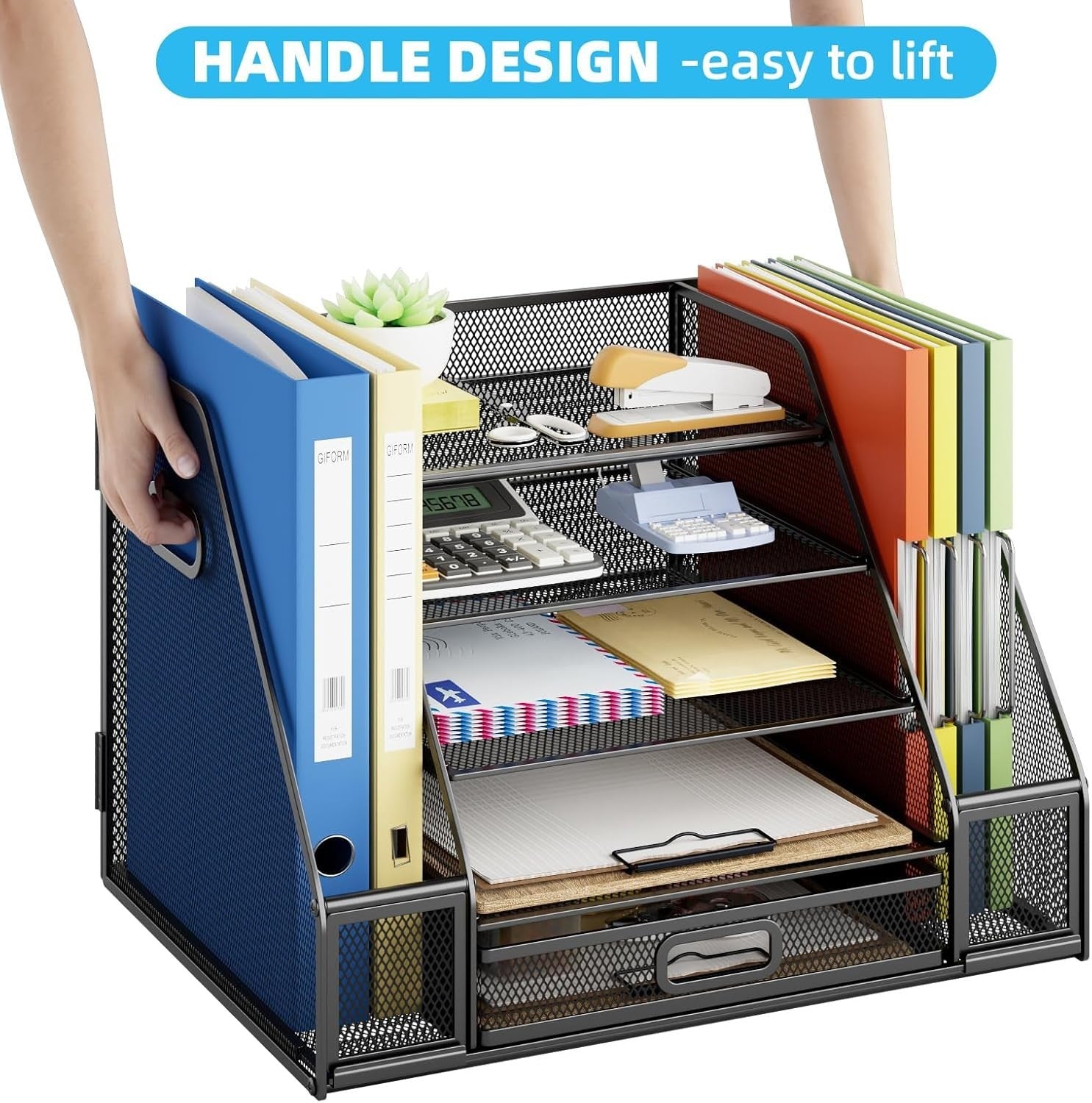 5-Tier Desk Organiser with Drawer & Pen Holders Bilateral Mesh Storage
