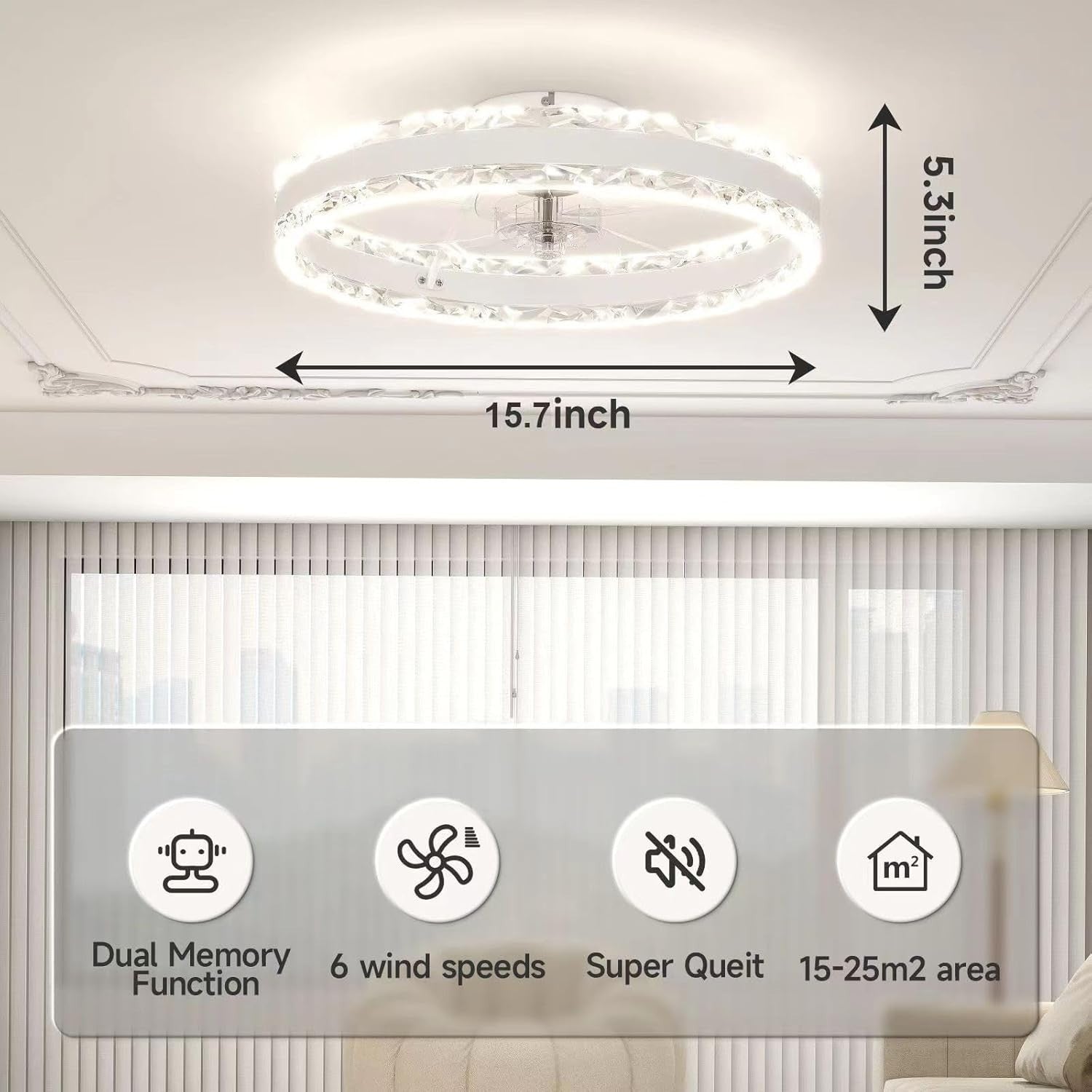 50CM Smart LED Ceiling Fan, 6 Speeds, Dimmable 3000-6500K, Black