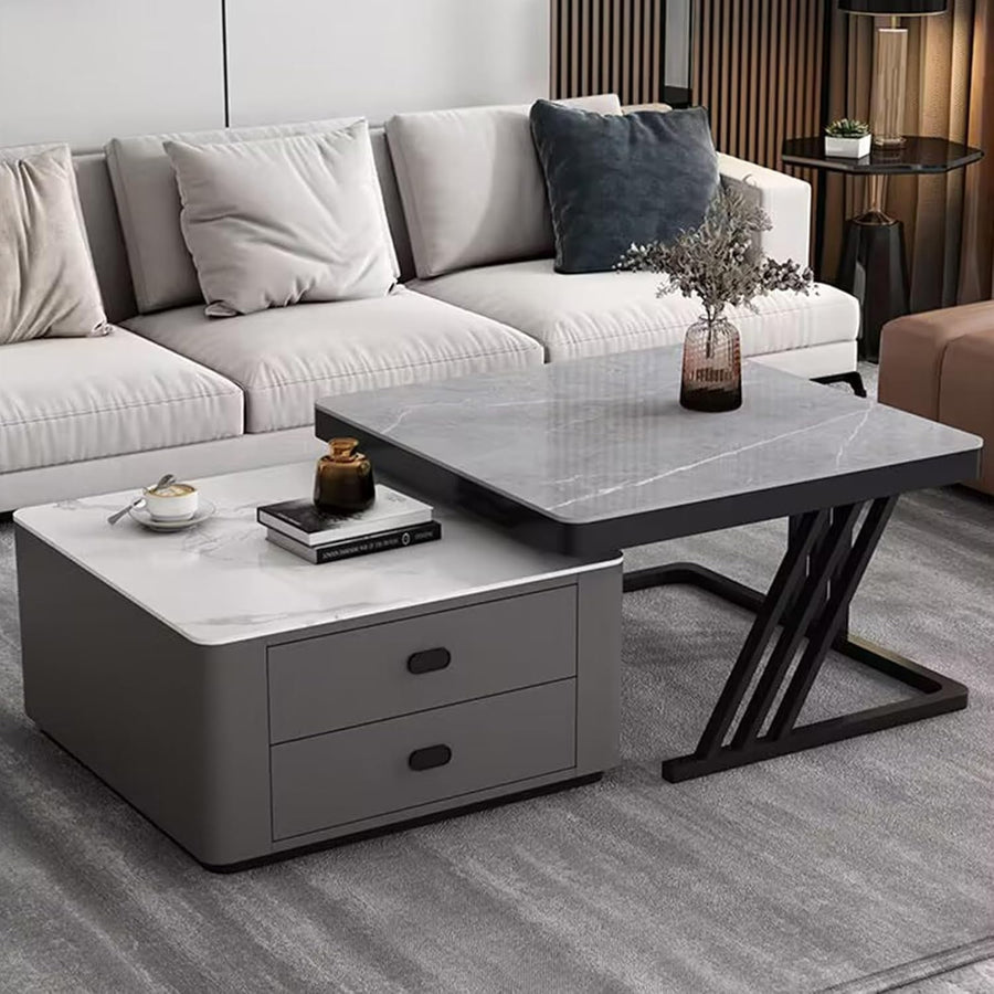 Nesting Coffee Table Set 2pc Modern Marble Top Side End Tables Living Room