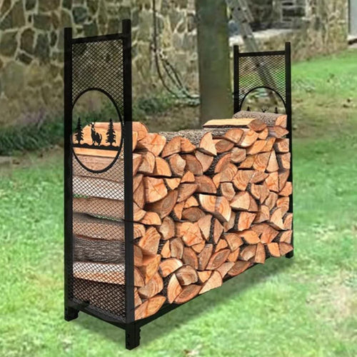Heavy Duty Firewood Log Holder with Elk Design – Outdoor Indoor Rack 126x38x116c