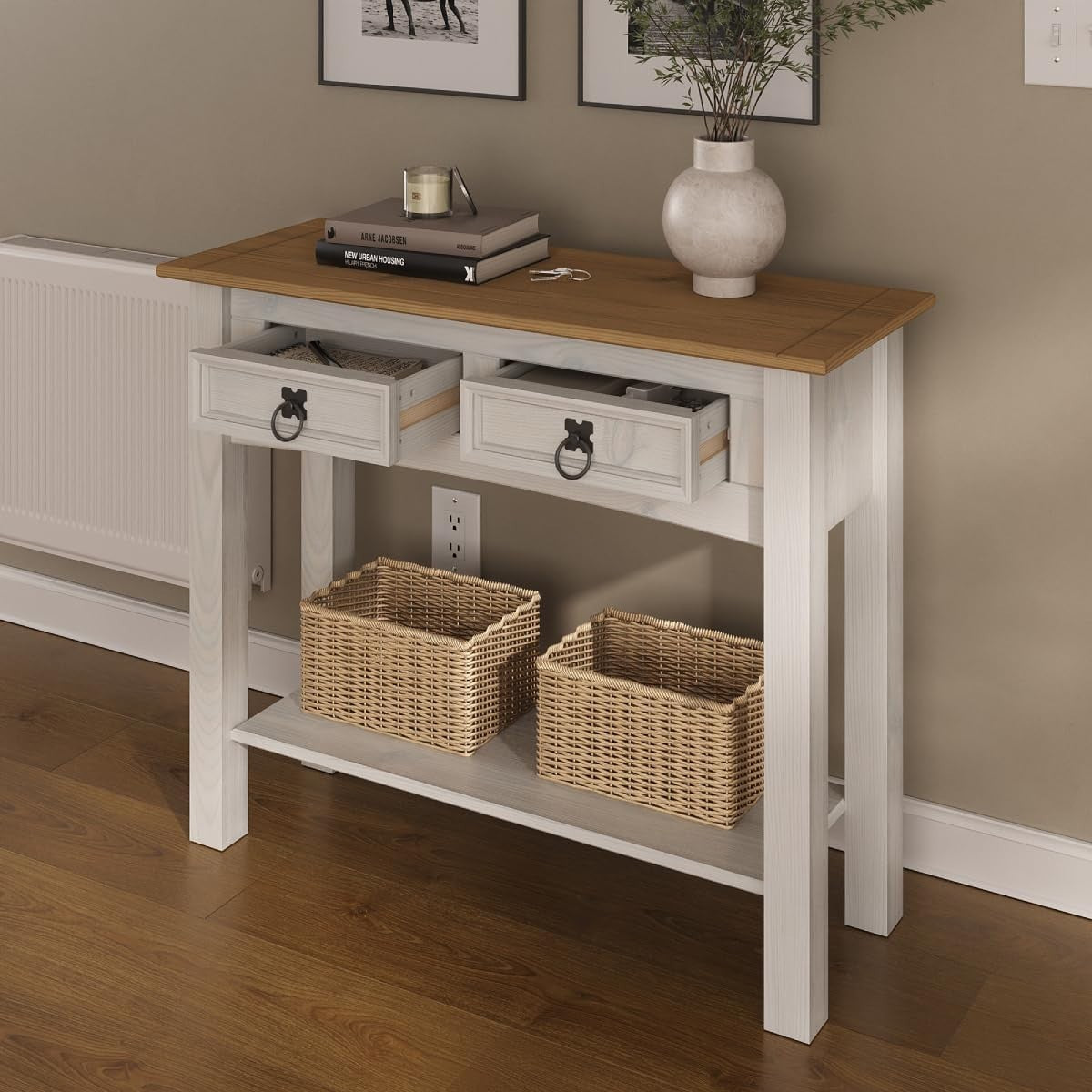 White Pine Console Table with 2 Drawers, Storage & Writing Desk, 90x35x73cm