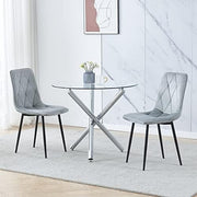Modern 5-Piece Round Glass Dining Table Set with 2 Grey Chairs