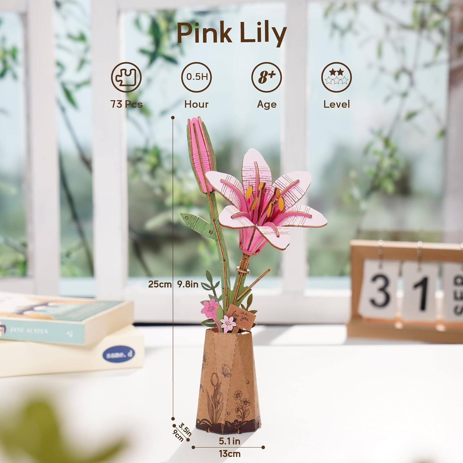 3D Wooden Flower Puzzle Pink Lily - DIY Craft Kit, Perfect Gift & Decor