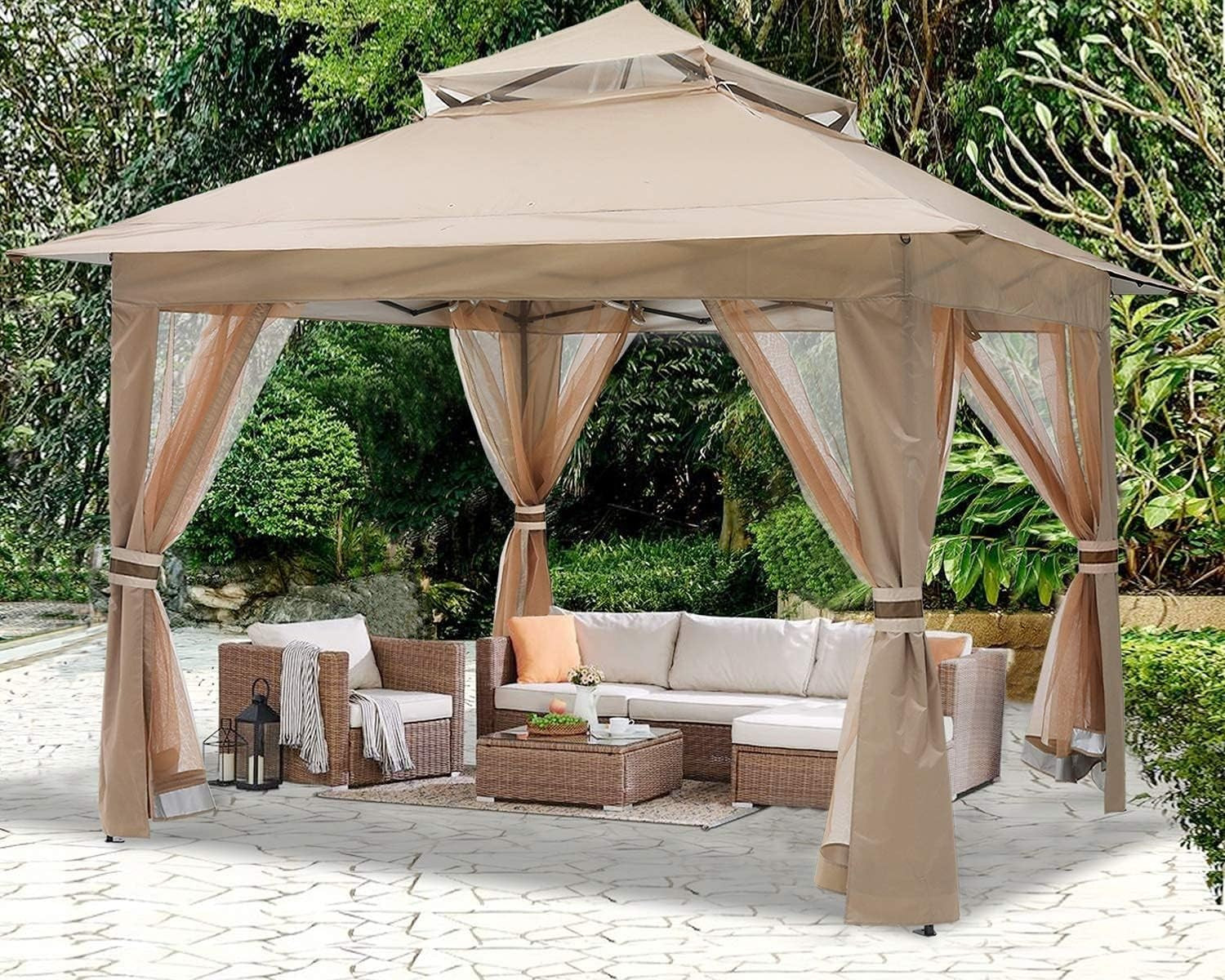 3.6x3.6M Khaki Pop Up Gazebo With Mesh Walls Outdoor Canopy Tent