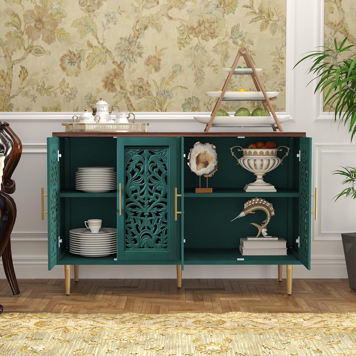 Vintage Green Sideboard Cabinet 4 Doors Hollow Carved Buffet Storage Unit