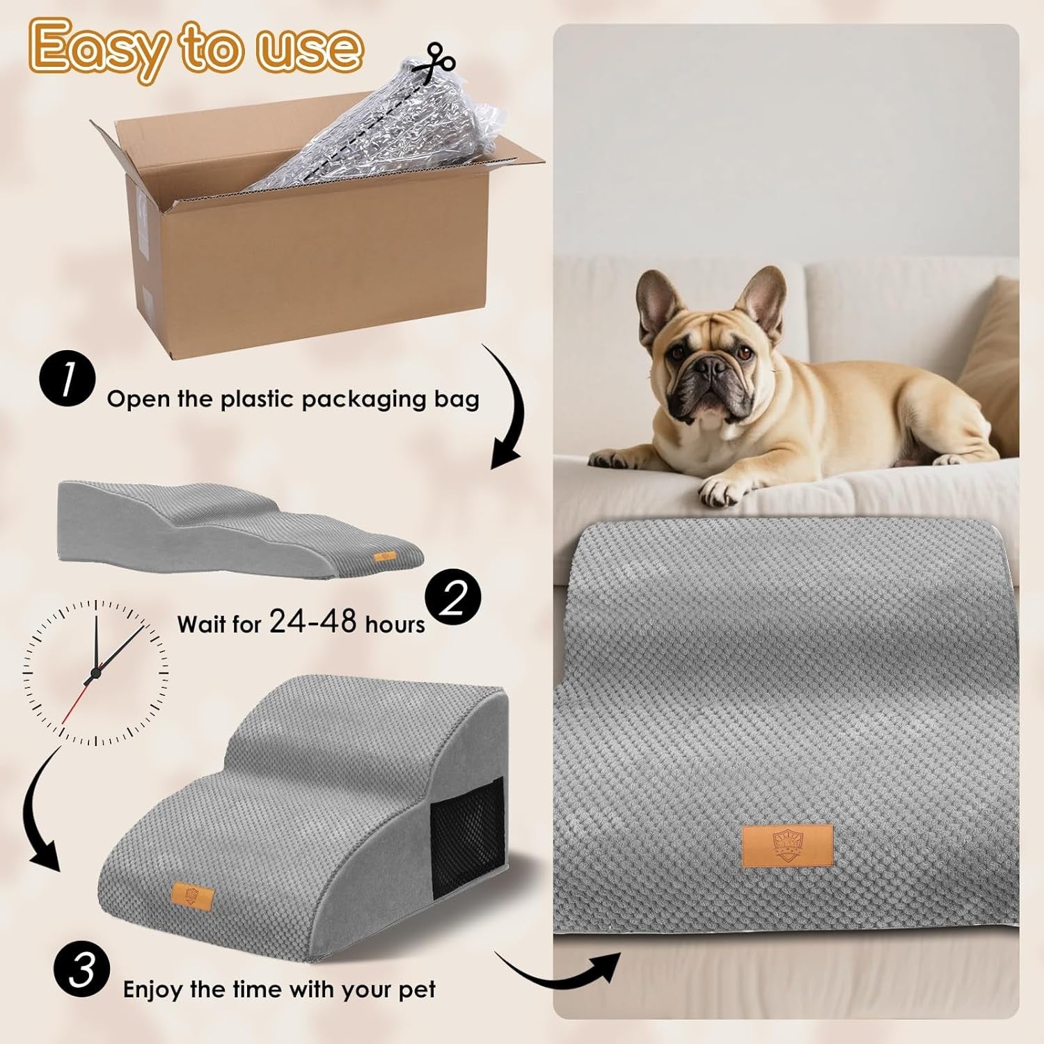 Grey 2 Step Dog Ramp Stairs with Pocket Non Slip 55x40x30cm