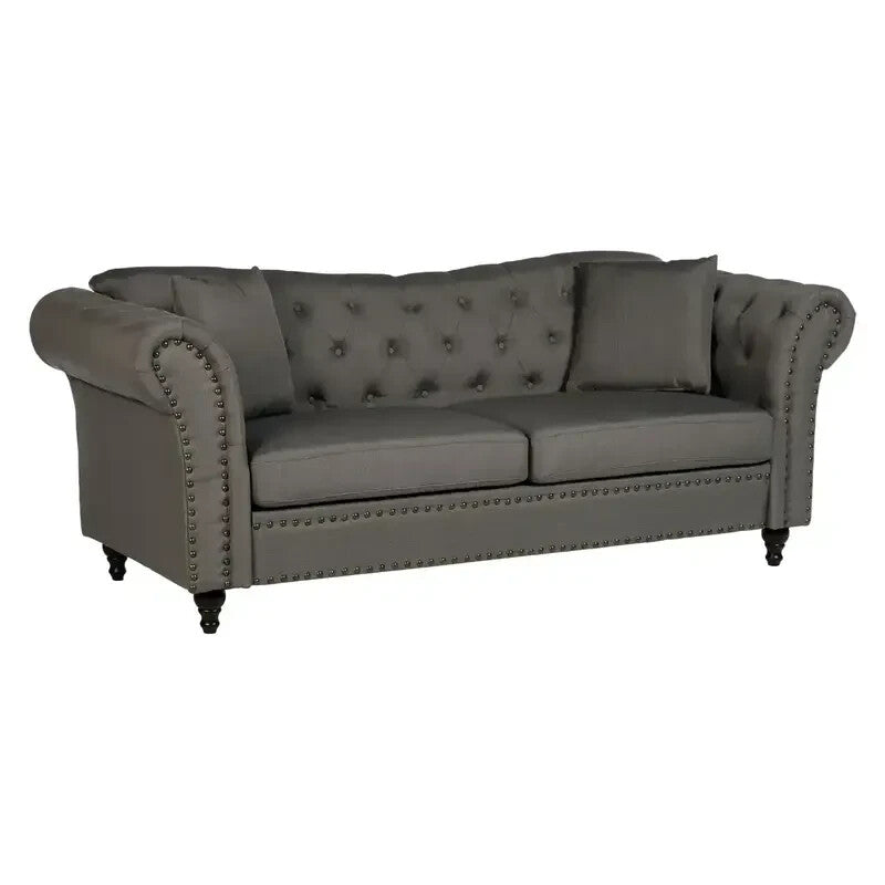3 Seater Grey Chesterfield Sofa Deep Button Tufted Scroll Arm Fabric