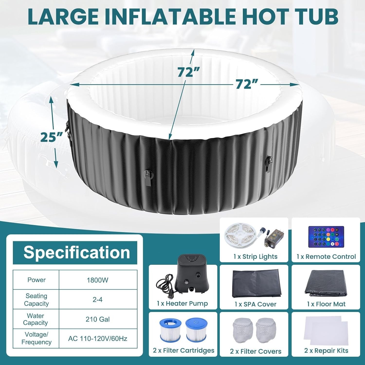 2–4 Person Inflatable Hot Tub LED Spa 120 Bubble Jets Heated Portable