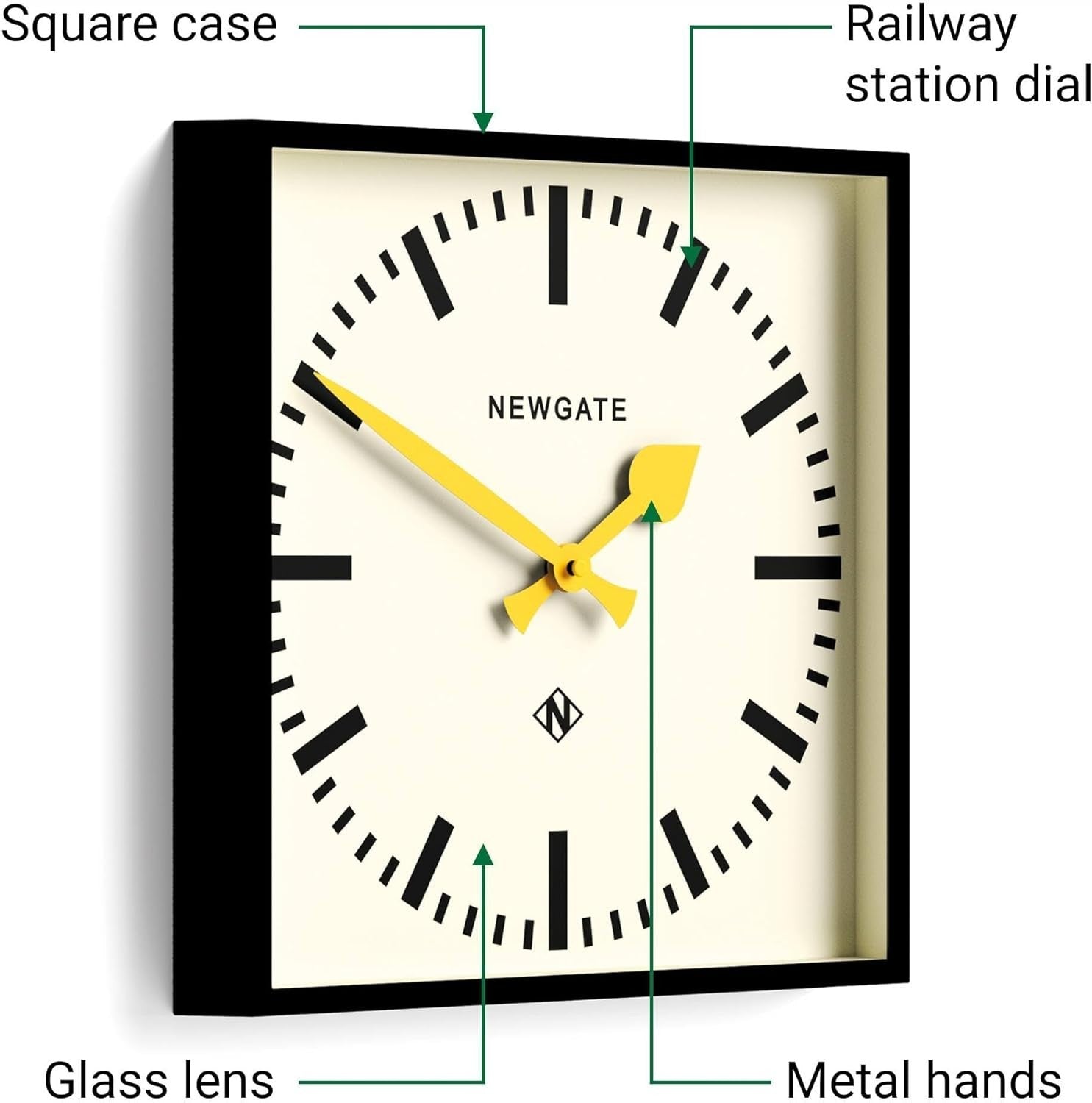 Silent Square Retro Wall Clock 40cm Yellow Hands Black Dial Office Home