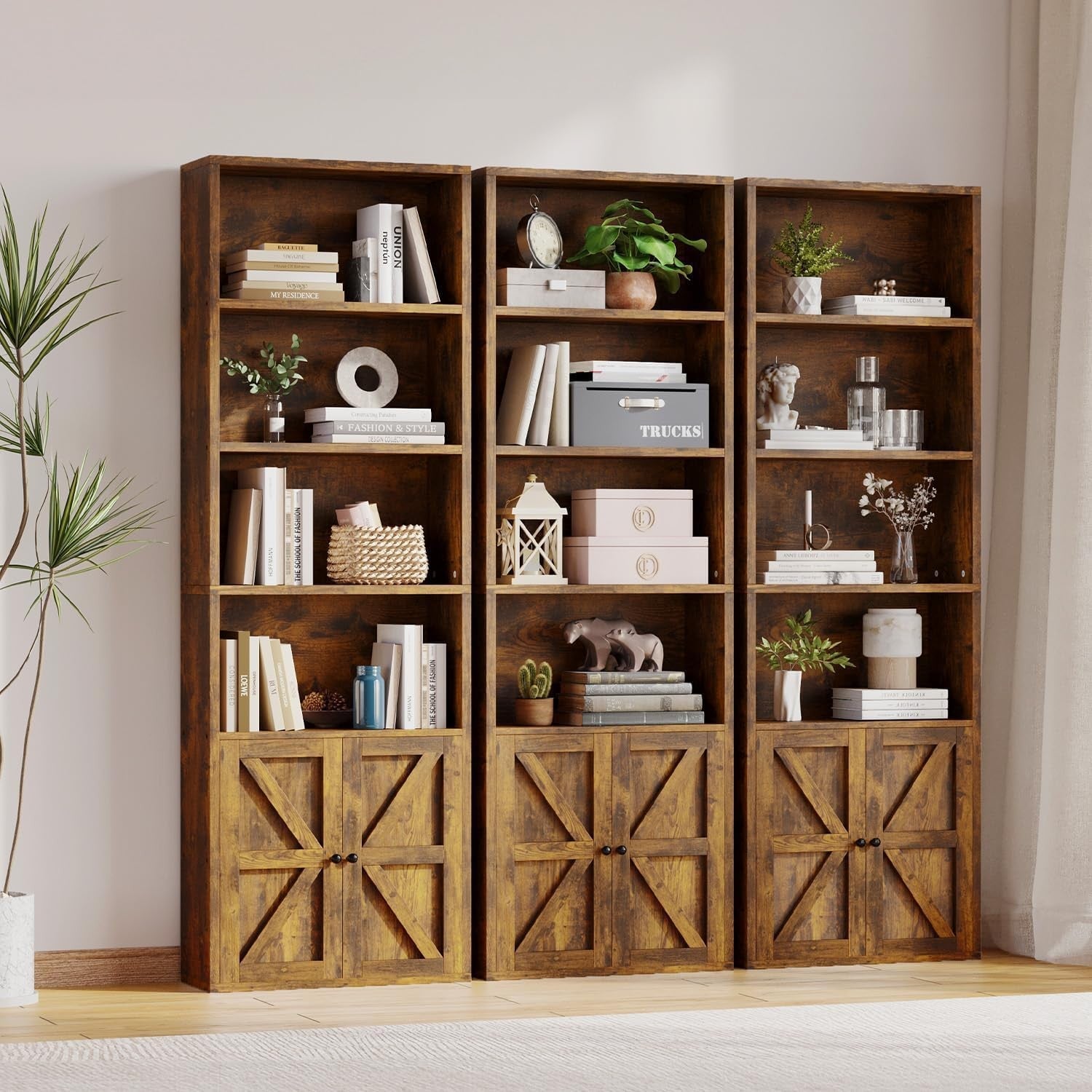 Tall Rustic Brown 6-Tier Bookcase with Cabinet Doors Modern Storage Unit 181cm