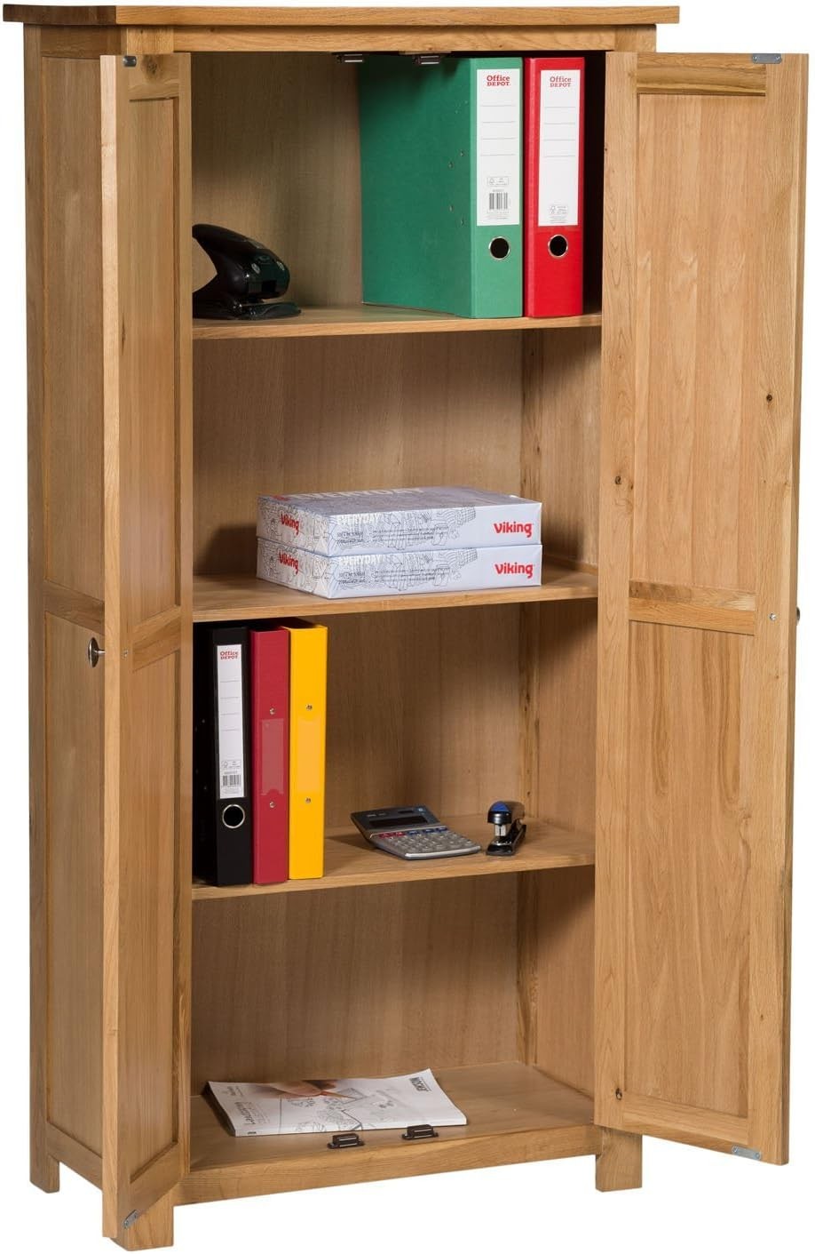Tall Oak Wooden Storage Cabinet 2 Door Cupboard | Adjustable Shelves Solid Unit