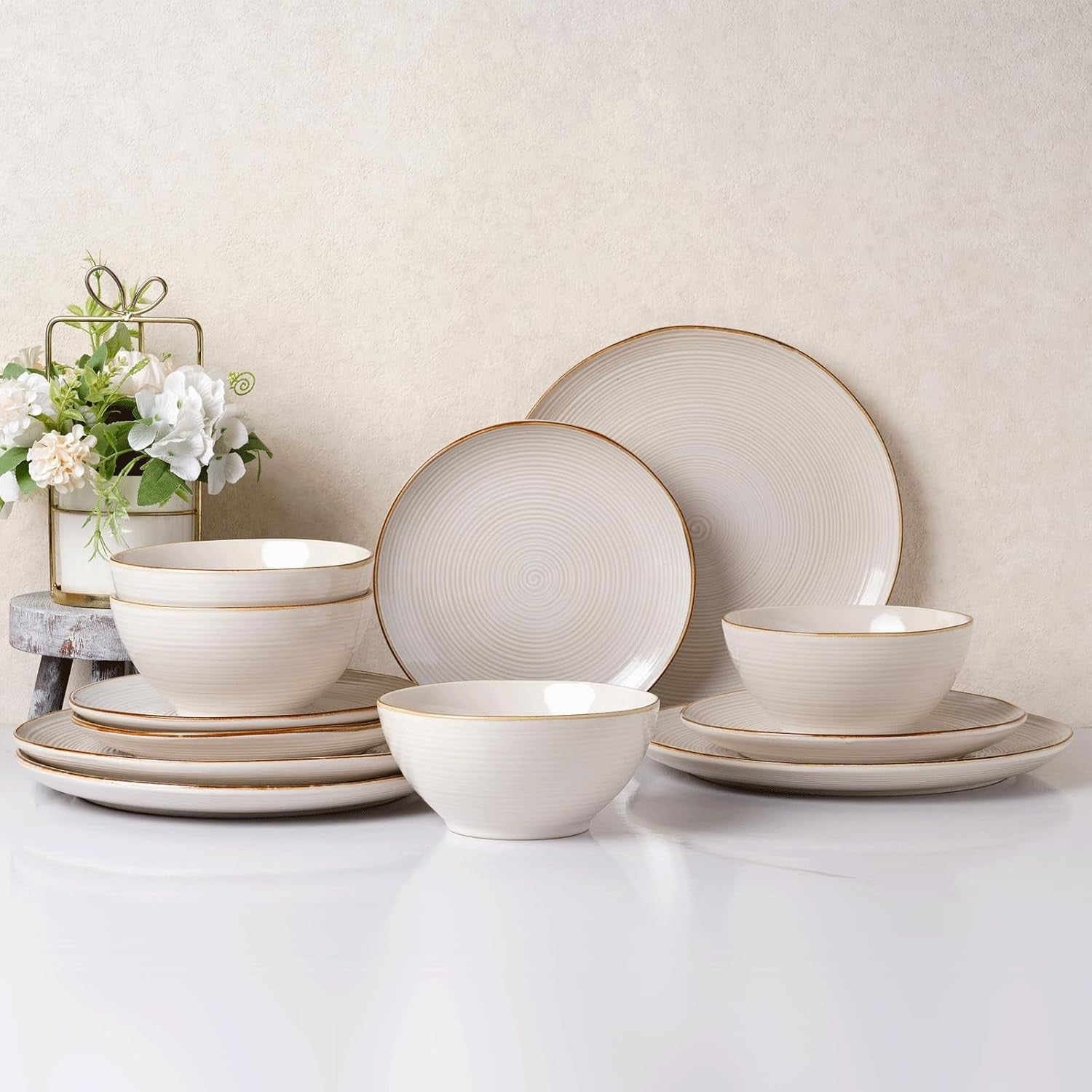 18pc Stoneware Dinner Set Swirl Plates Bowls Dishwasher Microwave Safe