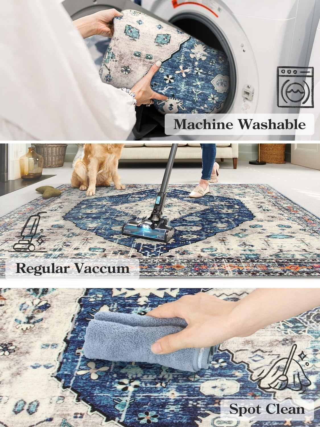 Vintage Boho Area Rug 90x150cm Washable Non Slip Short Pile Living Room Bedroom