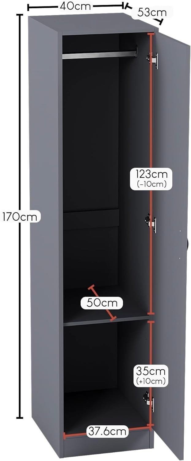 Grey 1 Door Wardrobe with Rail & Shelf Storage for Bedroom Clothes
