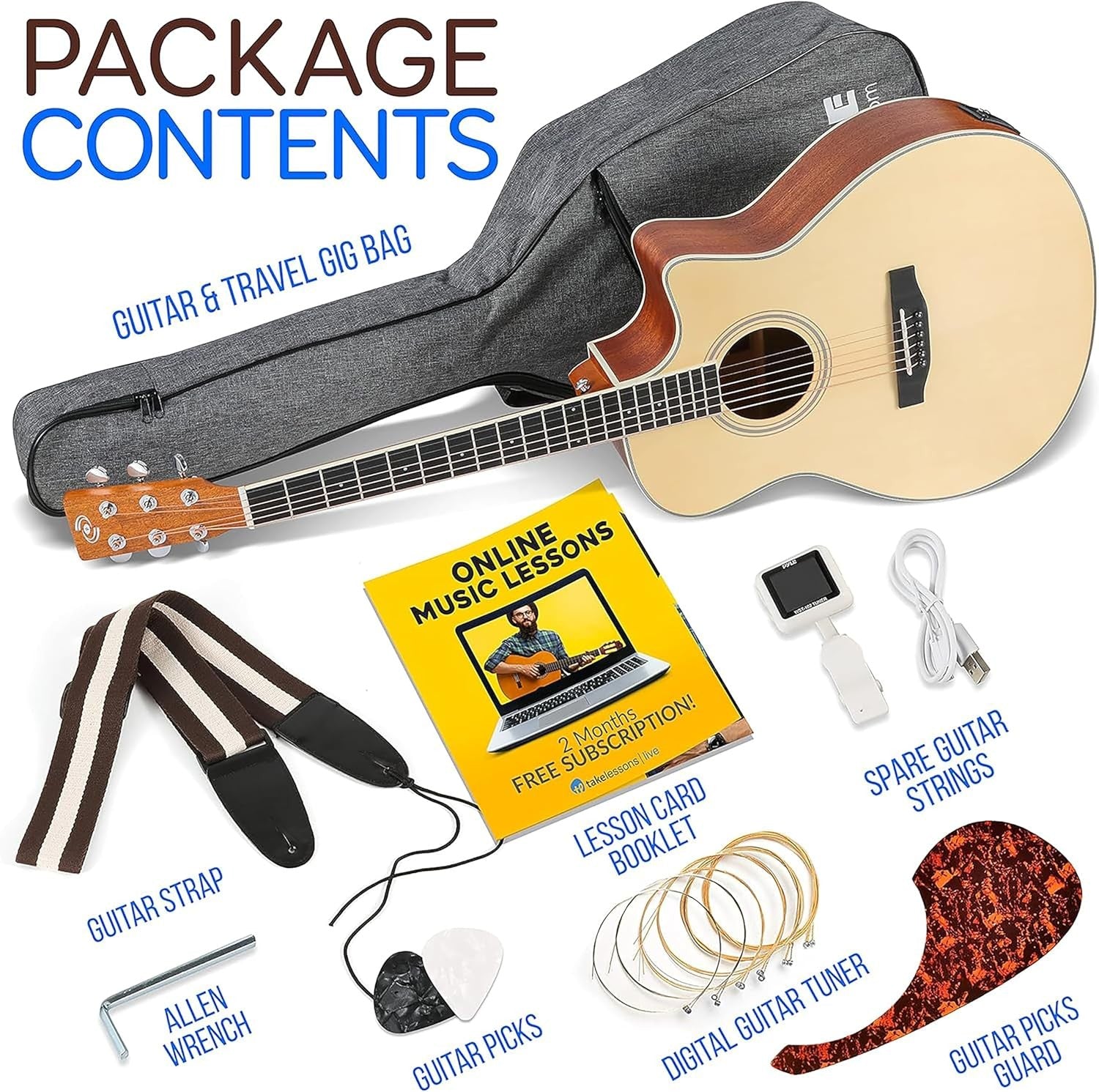 Electro Acoustic Guitar 41in Dreadnought Cutaway EQ Starter Kit