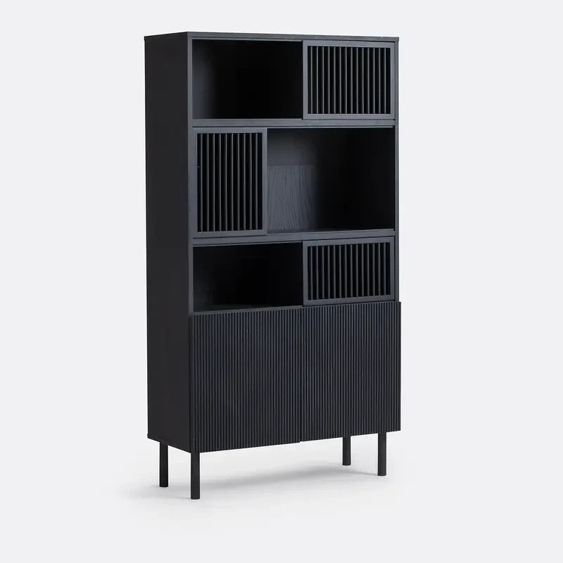 Black Oak Bookcase Cabinet with Sliding Doors & Soft Close Hinges 168cm