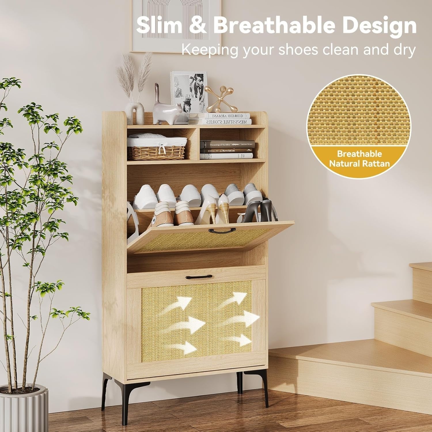 Compact Shoe Cabinet 2 Flip Drawers + Adjustable Dividers, Sturdy & Space-Saving