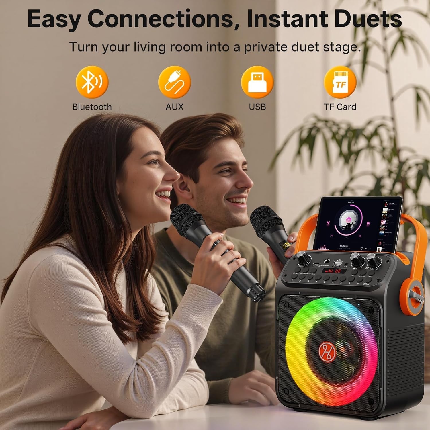 Bluetooth Karaoke Machine 2 Mics PA Speaker LED Lights REC