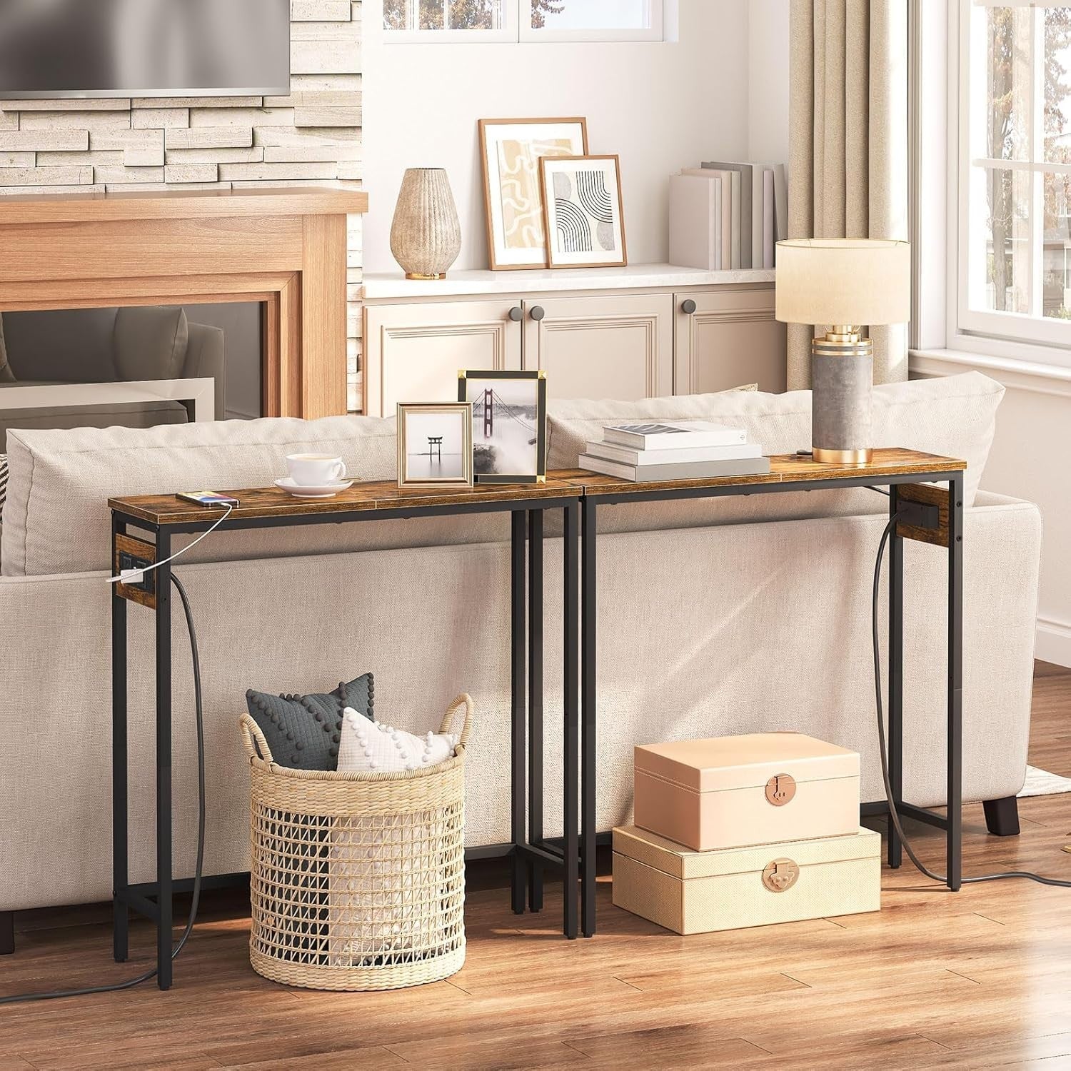 Slim Console Table with Charging Station, Rustic Hallway Desk for Small Space