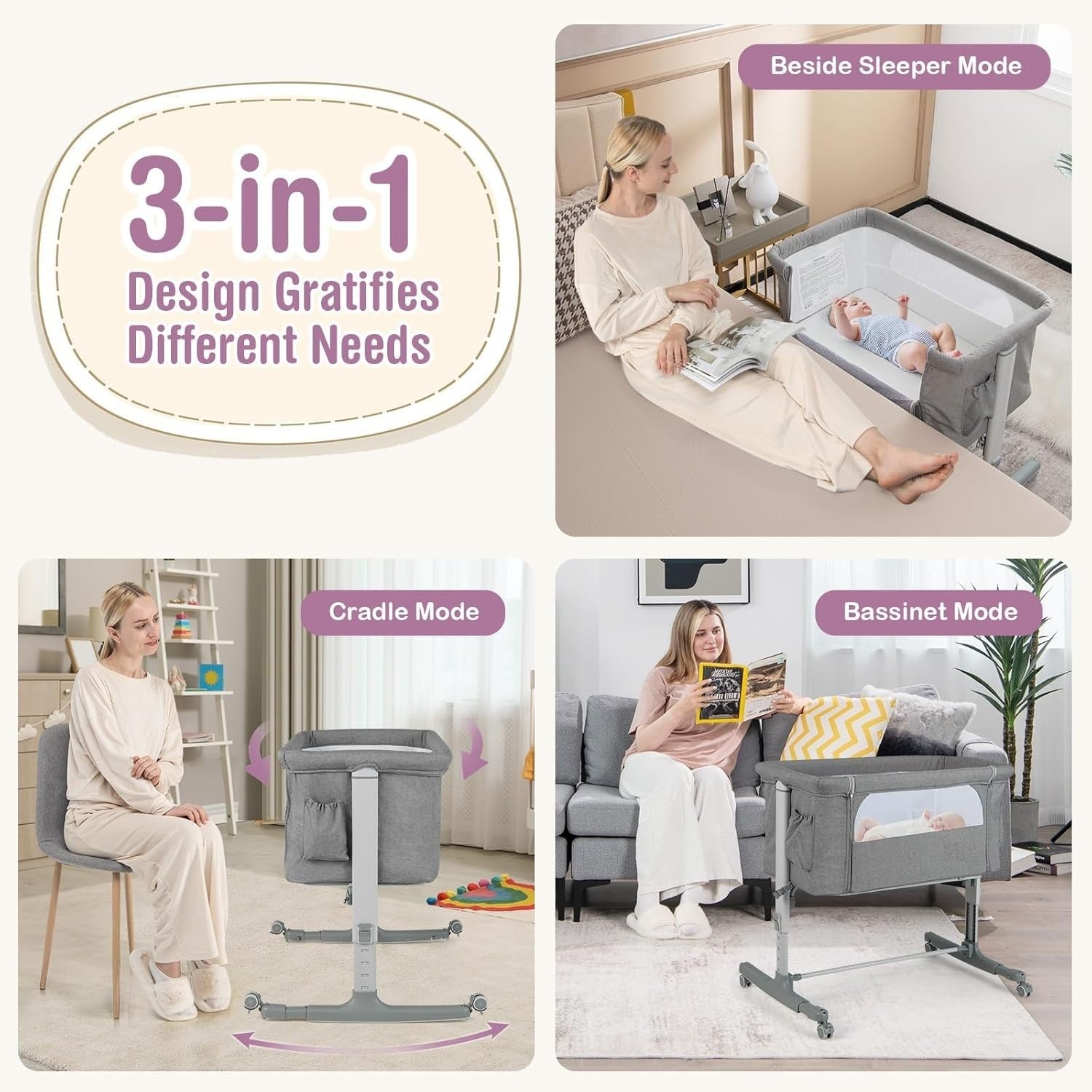 3in1 Baby Bassinet Bedside Crib Co-Sleeper Cot with Mattress & Wheels Light Grey