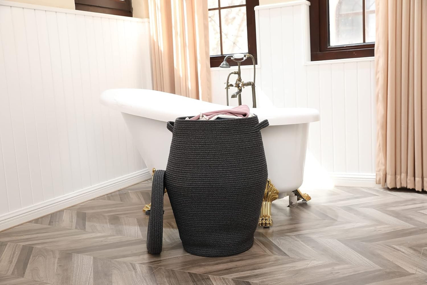 26" Tall Grey Black Cotton Rope Laundry Basket with Lid Large Woven Storage Bin