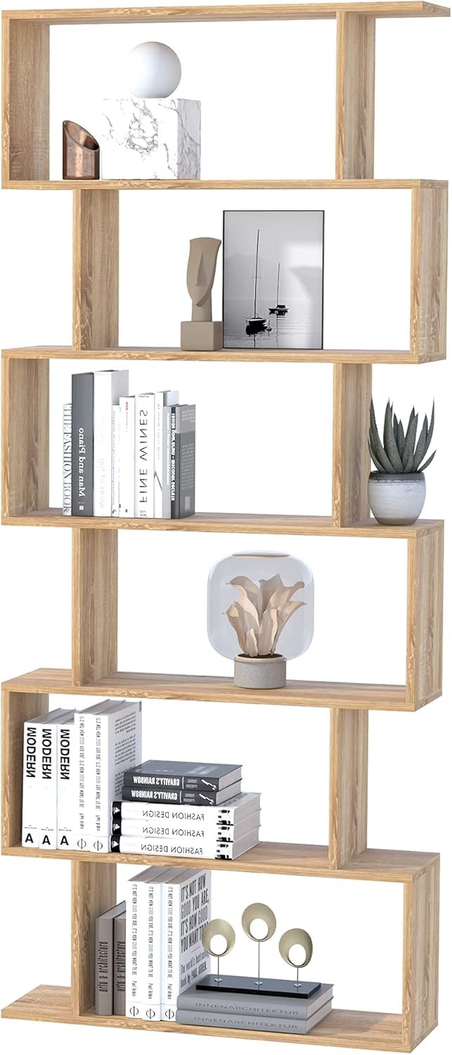 Oak S-Shape 6-Tier Bookcase Modern Display Shelf Room Divider Storage Unit