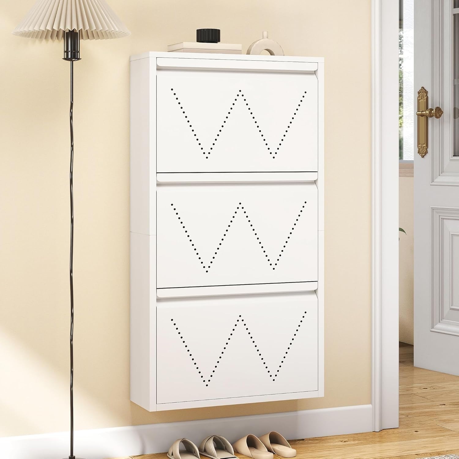 Wall-Mounted Narrow Shoe Cabinet with 3 Flip Drawers, 50x15.2x105 cm White