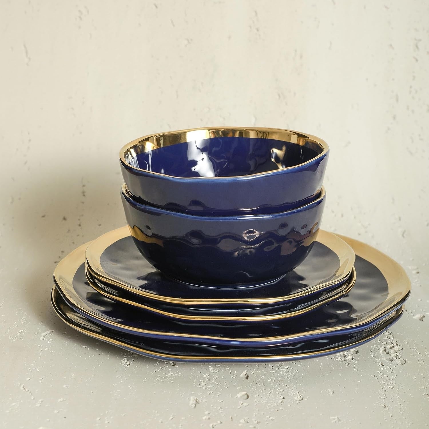 Blue Porcelain Dinnerware Set 16 Piece Service for 4 Gold Rim Plates
