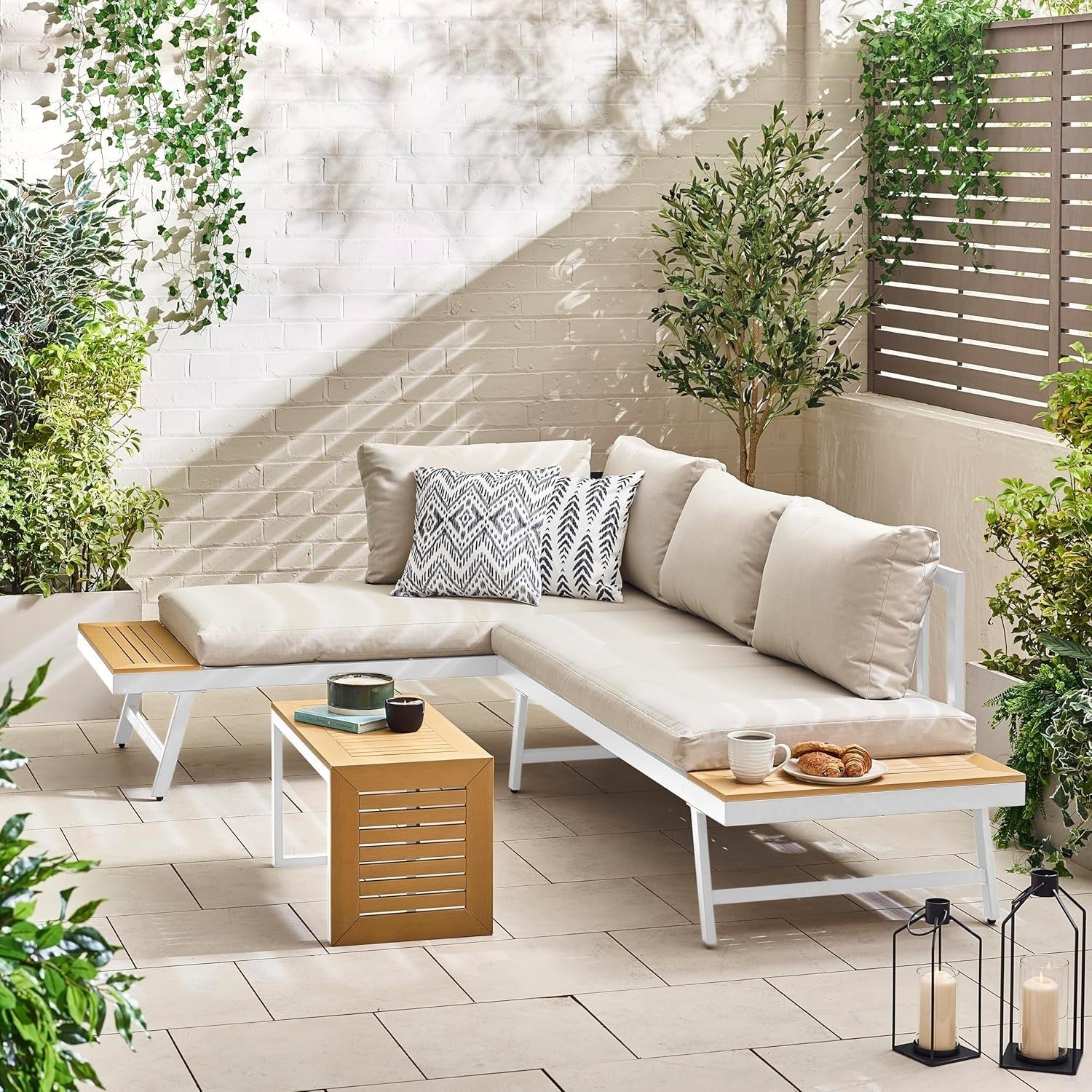 2-Seater Modular Garden Sofa Set White Metal & Rattan with Tables Outdoor