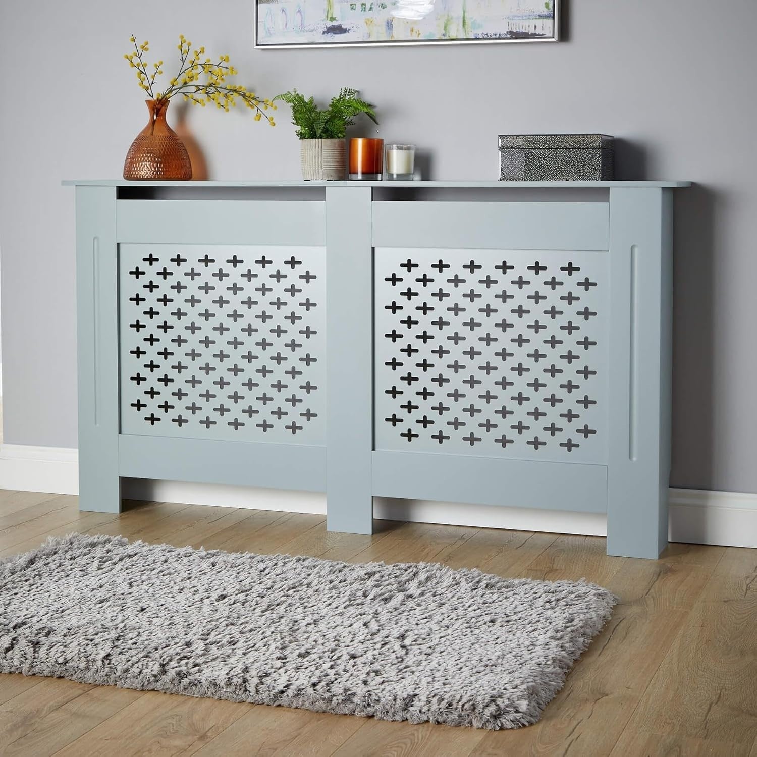 Grey Radiator Cover Large 152cm Wooden Cabinet with Decorative Grill & Shelf
