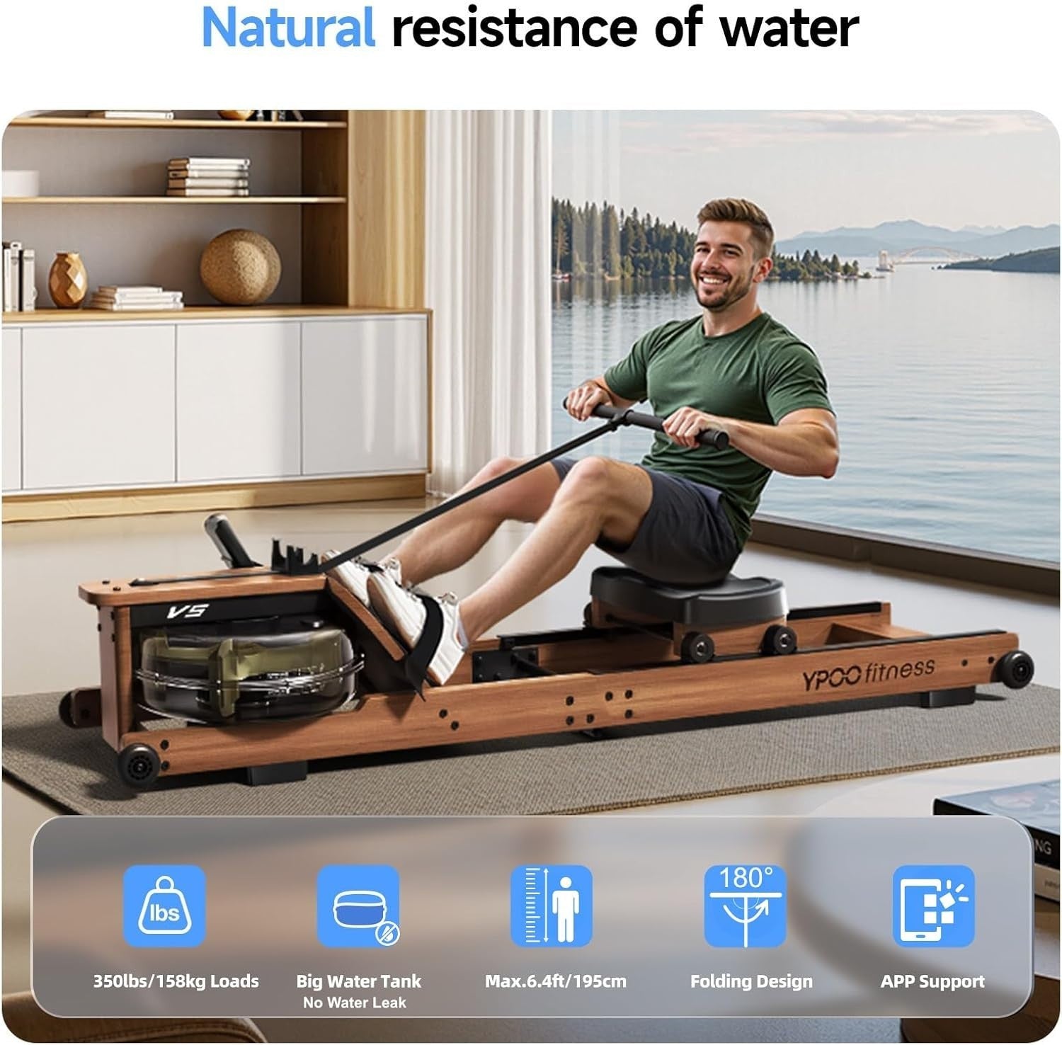 Wooden Water Rowing Machine 6-Level Resistance Bluetooth LCD Home Rower