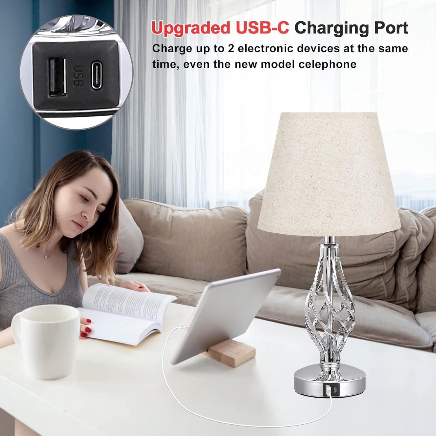 Touch Bedside Lamps Set of 2 USB Ports 3-Way Dimmable Beige Shades
