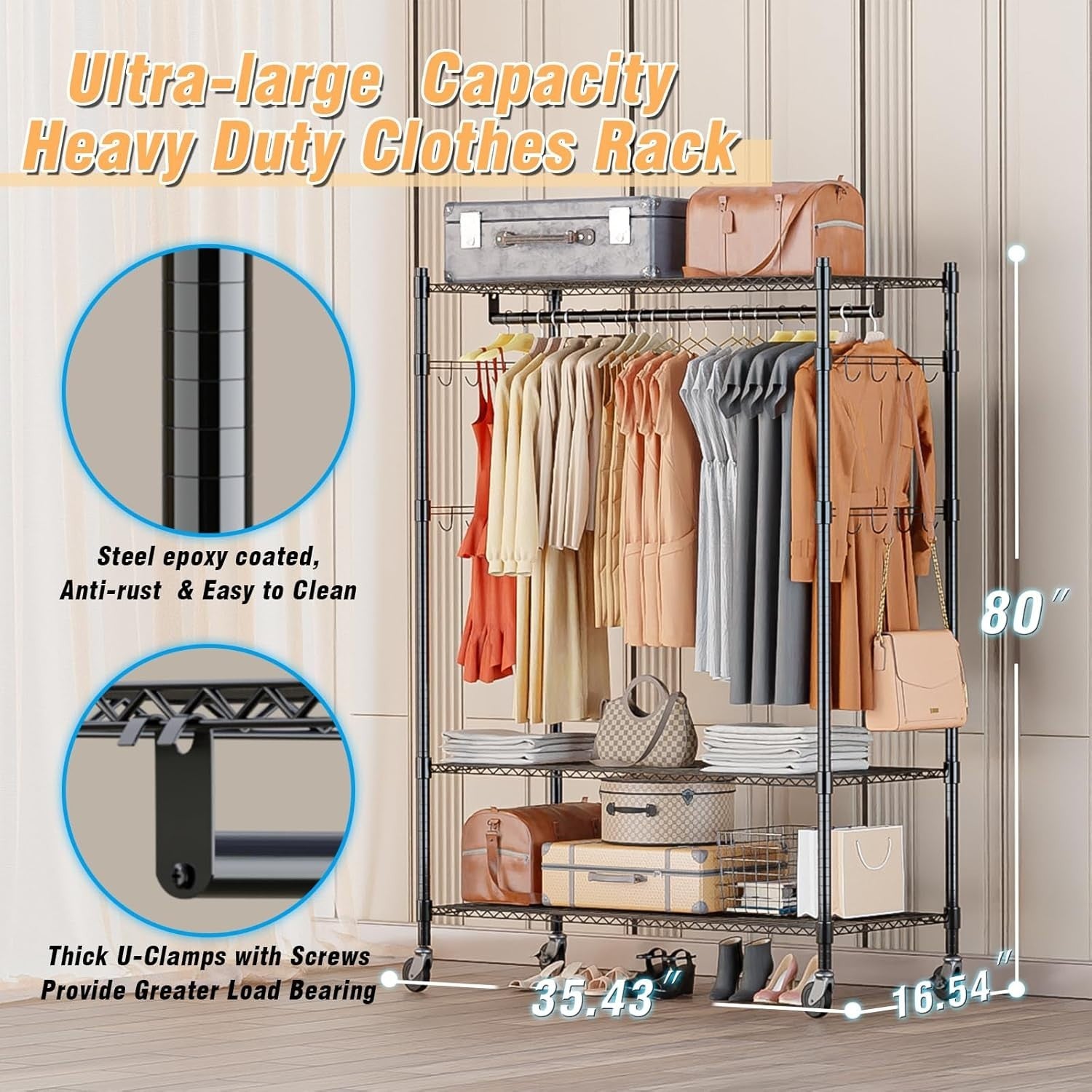 Heavy Duty Double Rod Clothes Rail with Shelves & Wheels – Black 205cm