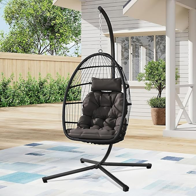 Hanging Egg Chair with Stand Indoor Outdoor Swing Seat Rattan Cushion 150KG