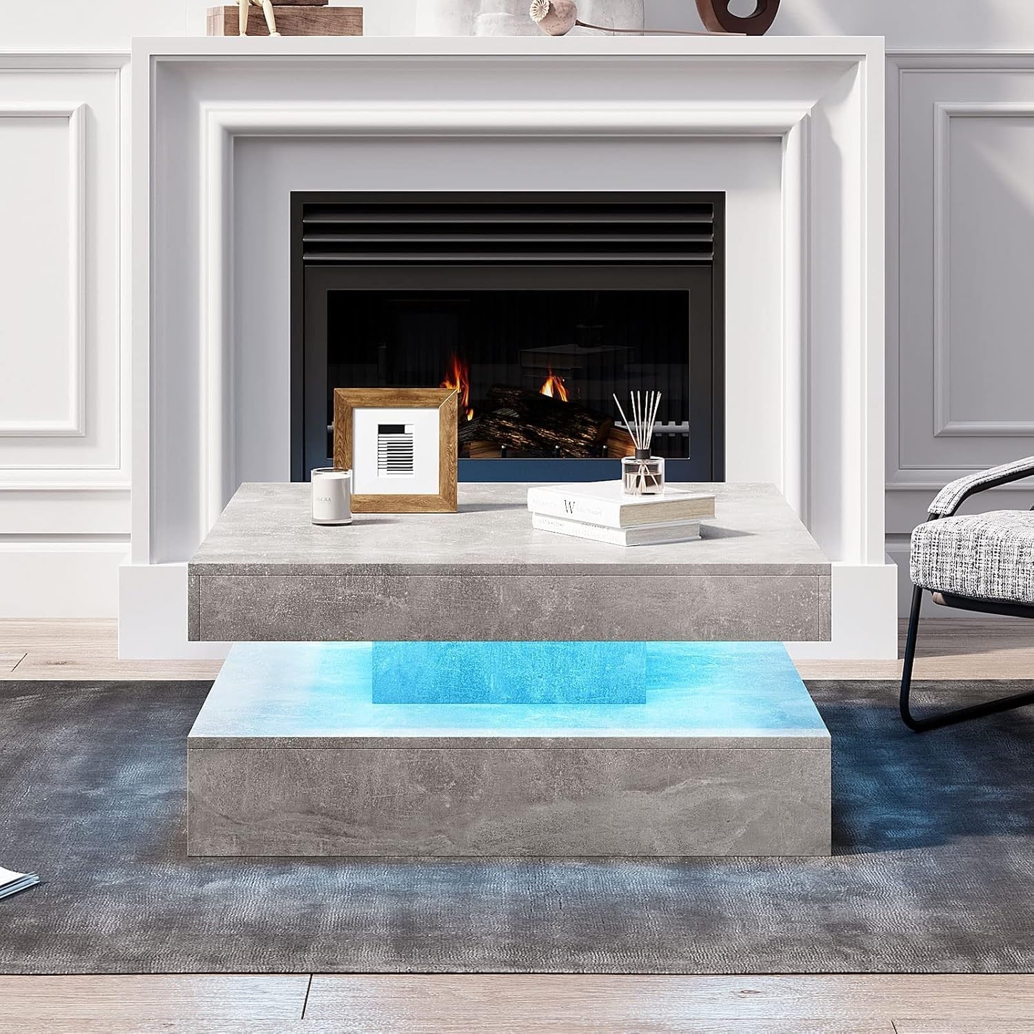 Grey Square LED Coffee Table with Storage, 2-Tier High Gloss 78x78cm