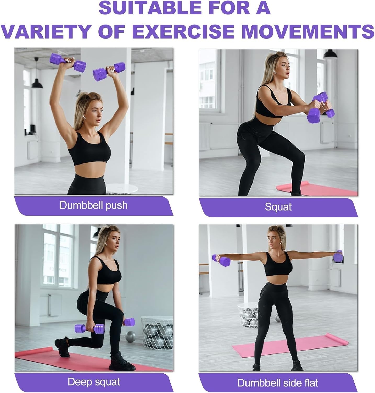 4-in-1 Adjustable Hand Weight Set Non Roll Dumbbells Home Gym Purple