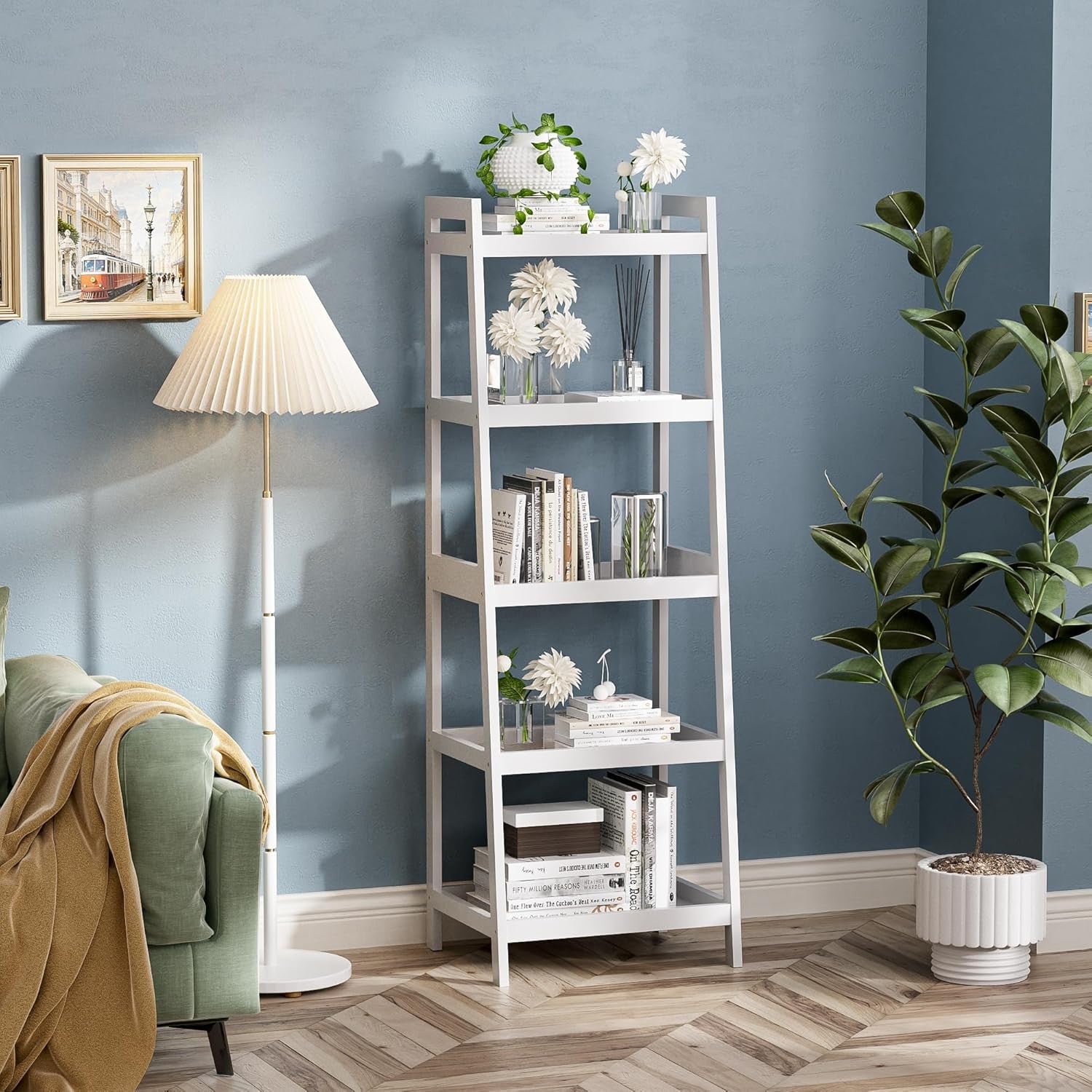 White 5-Tier Ladder Bookcase, Tall Narrow Bamboo Frame Display Storage Shelf