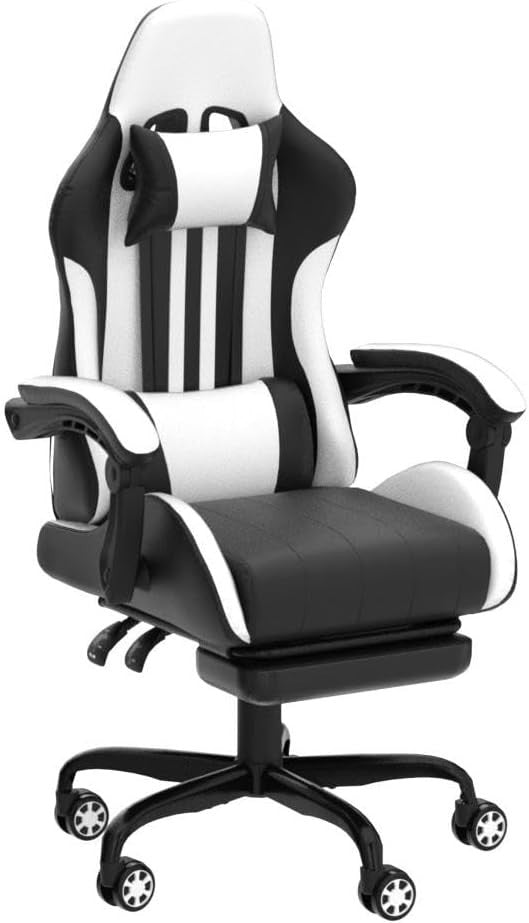 Gaming Office Chair White PU Leather Swivel Adjustable Height Reclining Footrest