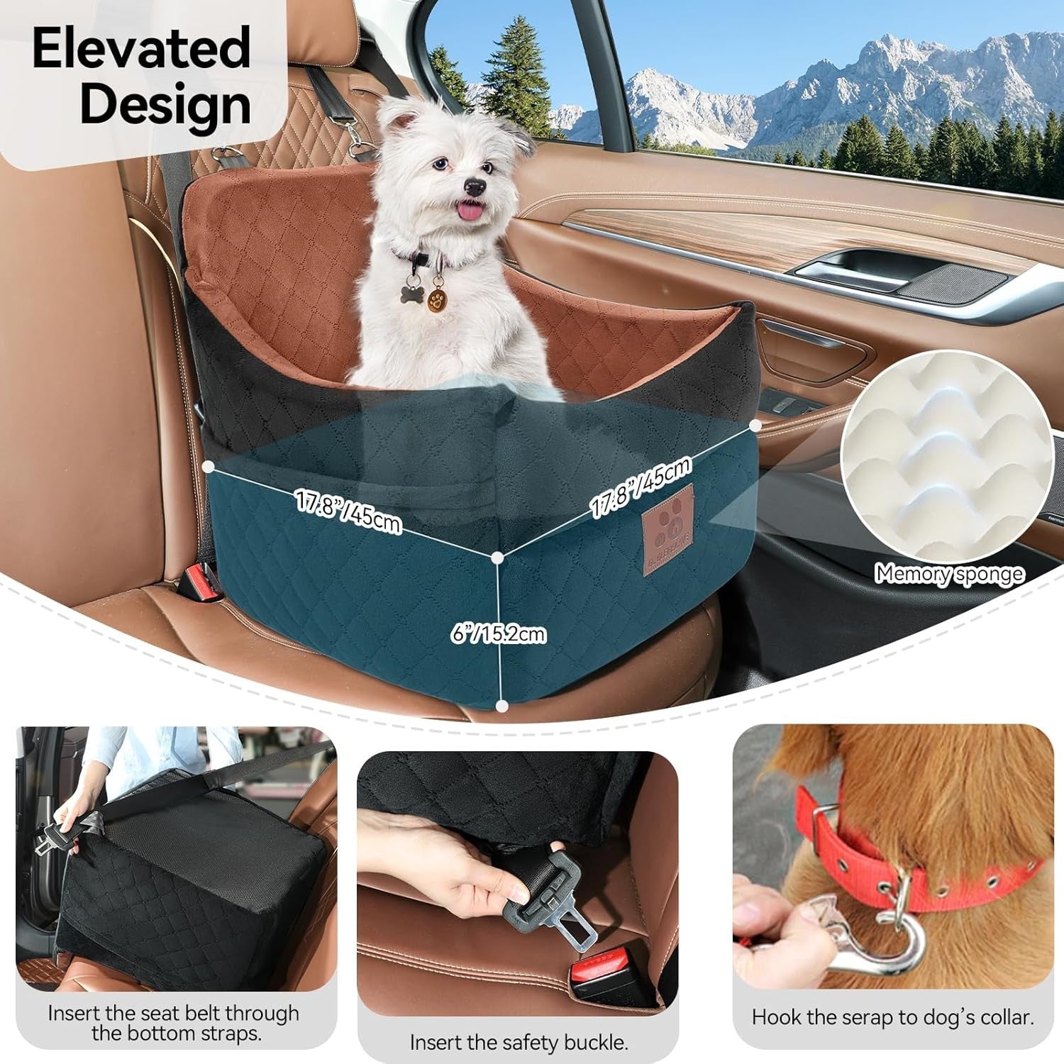 Memory Foam Dog Car Booster Seat Washable Travel Bed Up to 35lbs