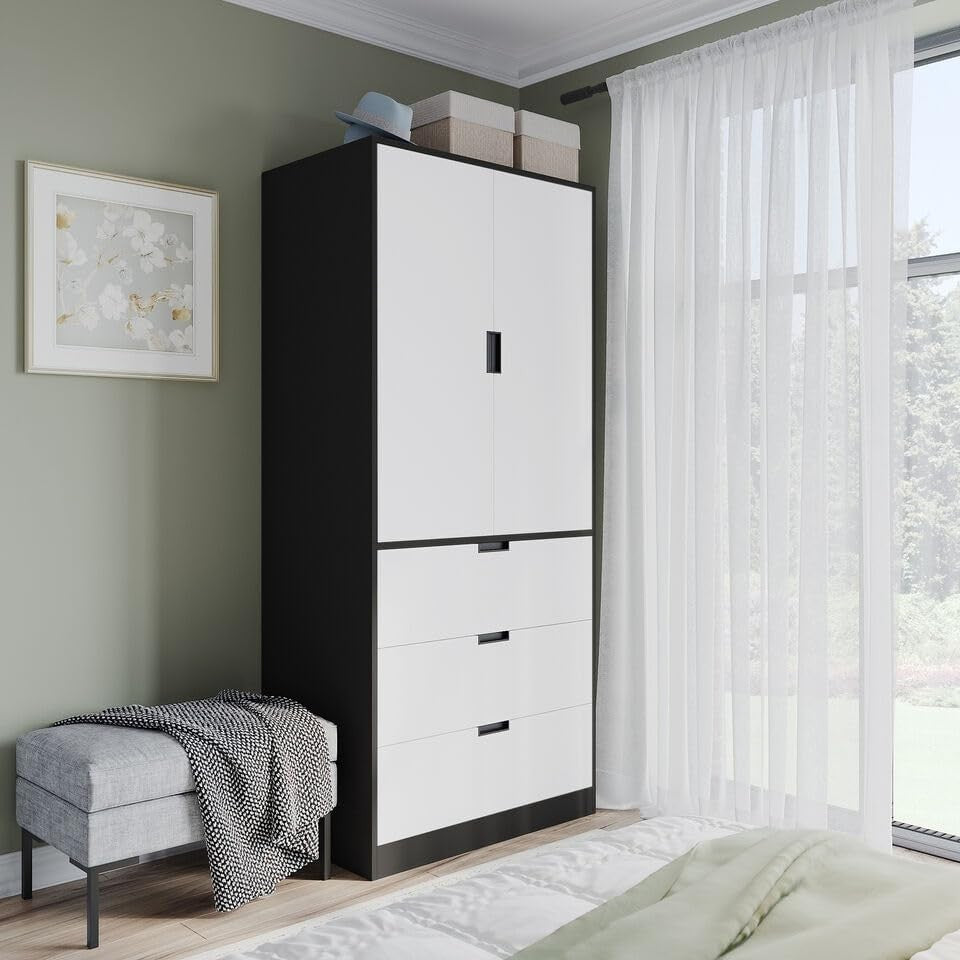 Modern 2 Door 3 Drawer Wardrobe Black White Oak Clothes Storage Unit