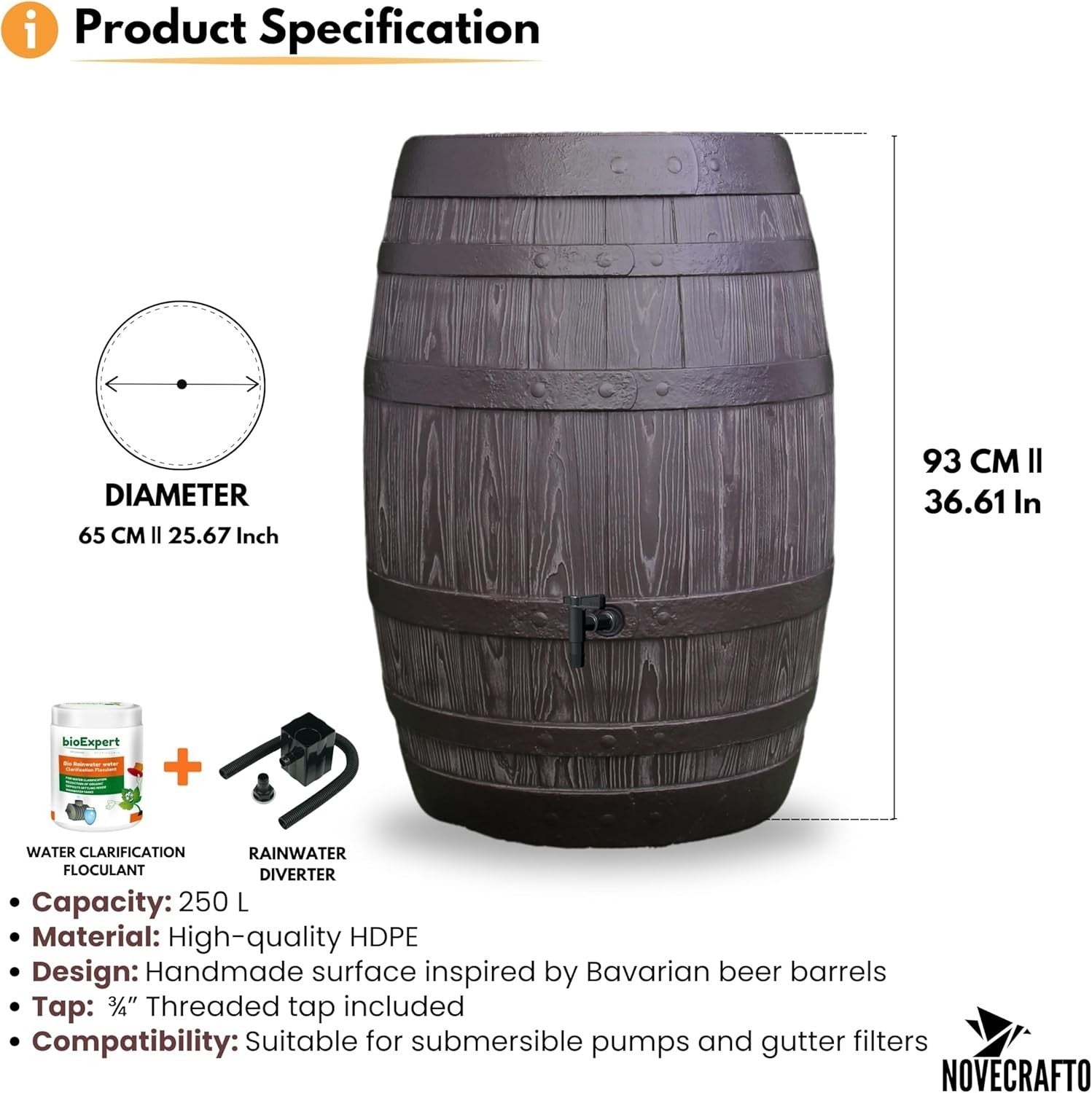 250L Rustic Oak Garden Water Butt with Tap, Diverter & Bio Cleaner