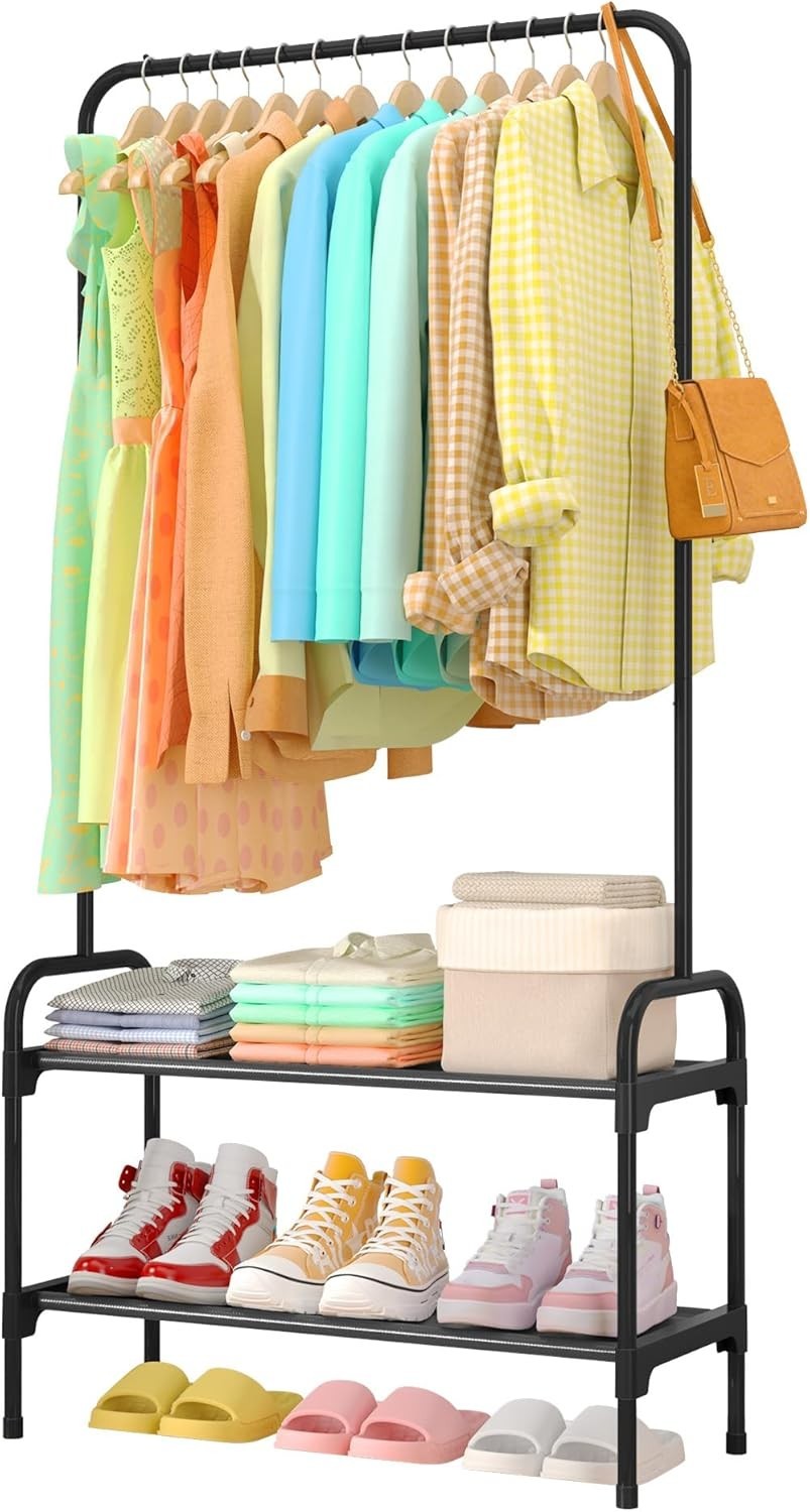 Heavy Duty Clothes Rail With 2-Tier Shoe Rack & Non-Slip Feet